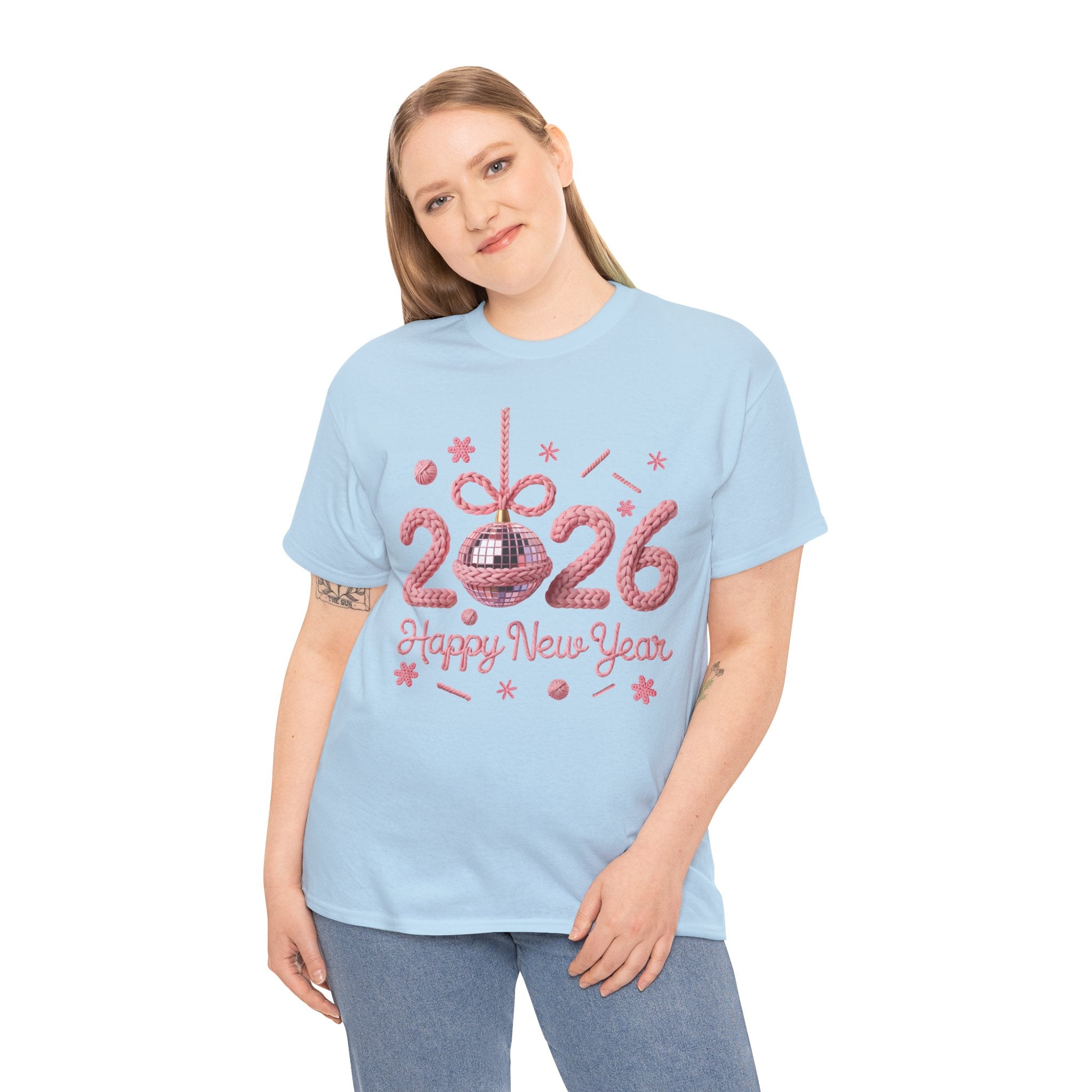 2026 Happy New Year Pink Knitted Disco Ball Unisex Cotton Tee