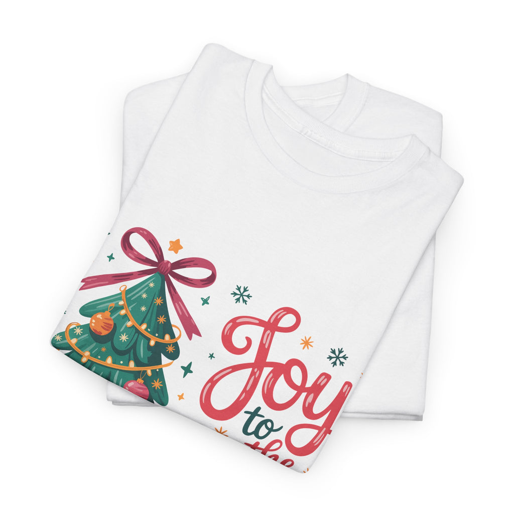 Joy to the World Christmas Tee — Festive Tree with Pink Bow..Unisex Cotton Tee