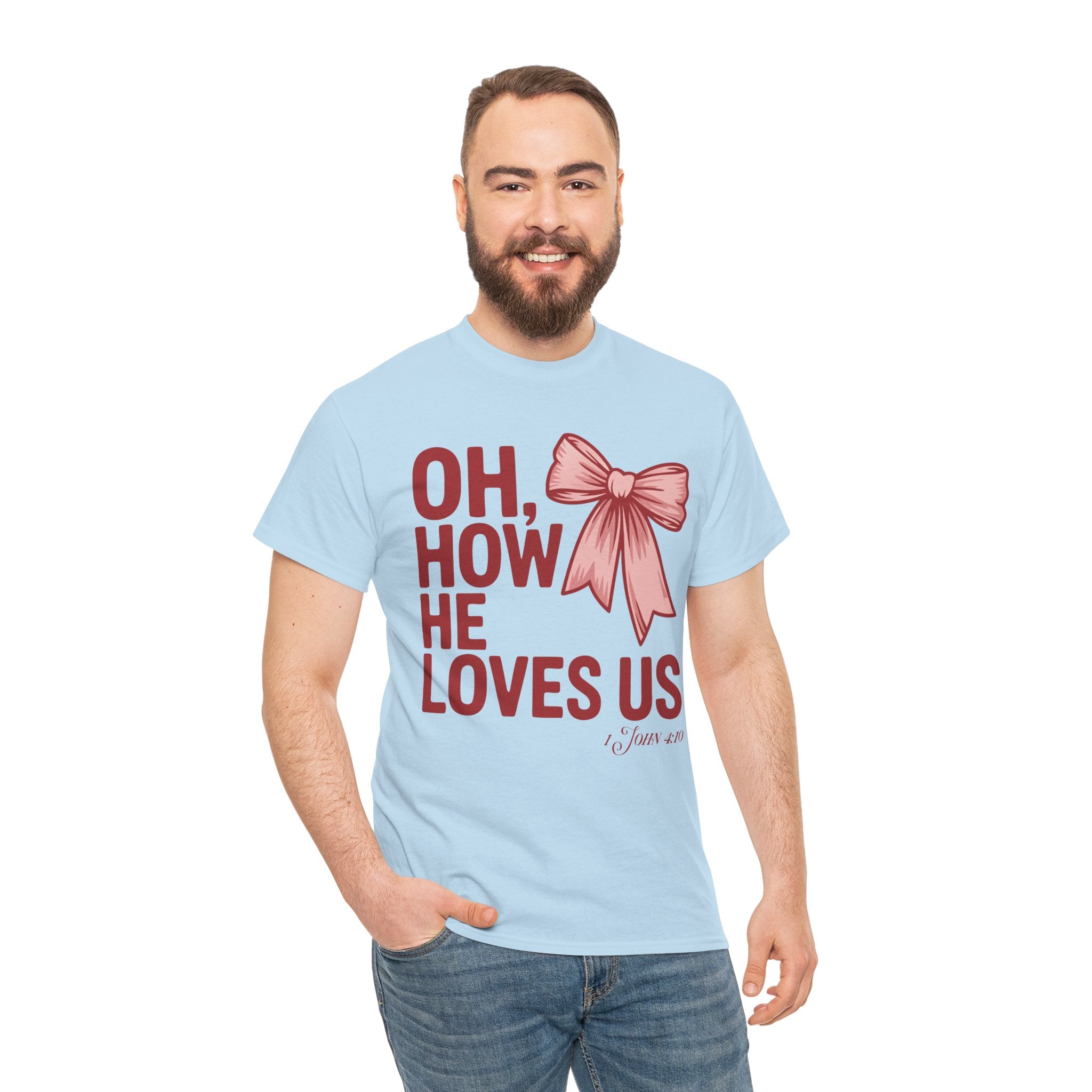 Oh, How He Loves Us Christian Valentine Tee — 1 John 4:10 Red & Pink Unisex Cotton Tee