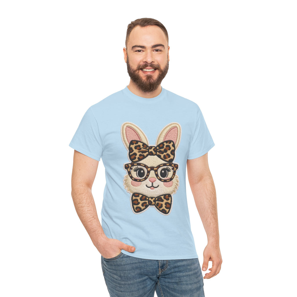 Leopard Bow Bunny Embroidered Tee — Cute Bunny Face with Glasses Patch Unisex Cotton Tee