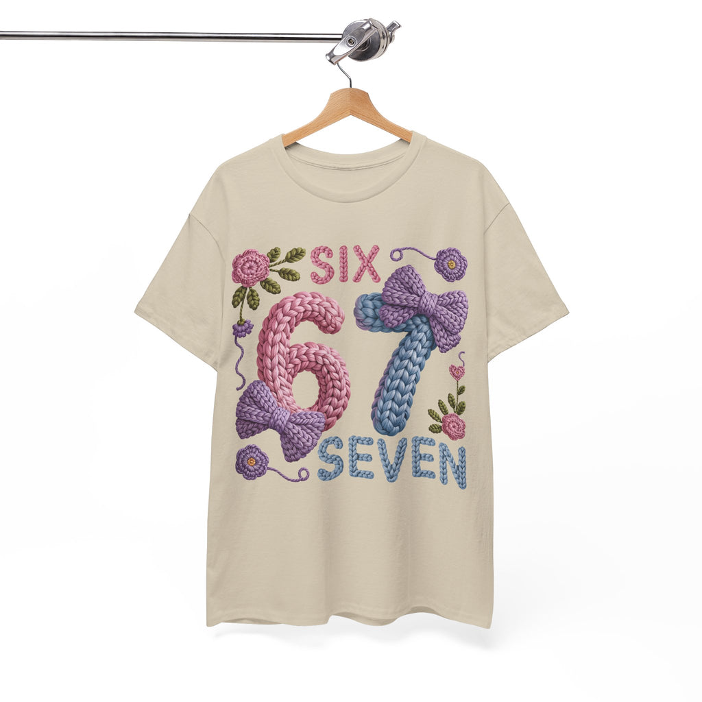 Pastel Crochet Numbers 6 & 7 Tee — Faux-Yarn Bows & Flowers. Unisex Cotton Tee
