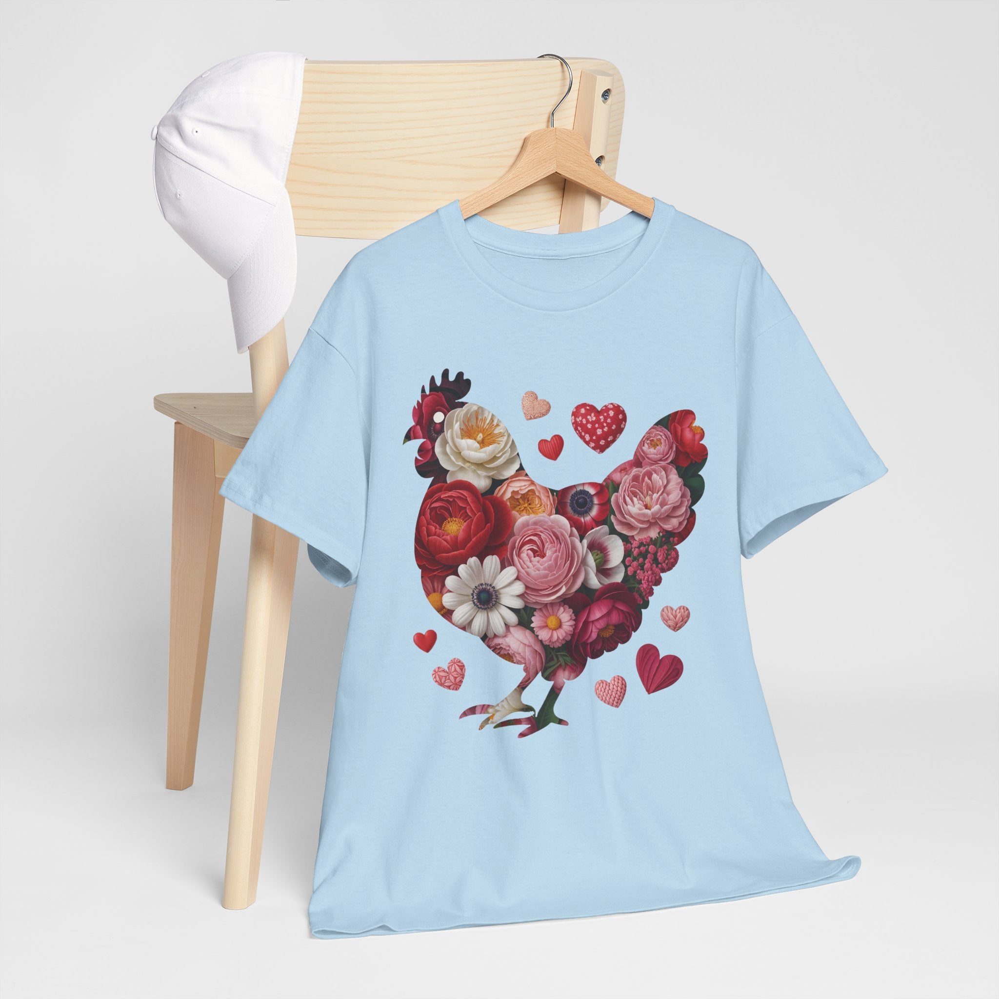 Floral Chicken Heart Tee — Red & Pink Flower Silhouette Unisex Cotton Tee