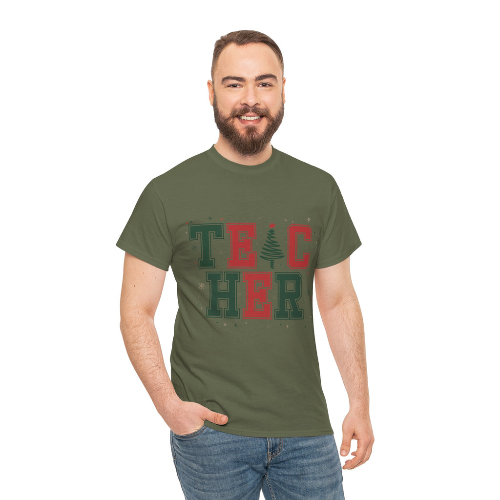 Teacher Christmas Varsity T-Shirt — Red & Green Holiday Unisex Cotton Tee