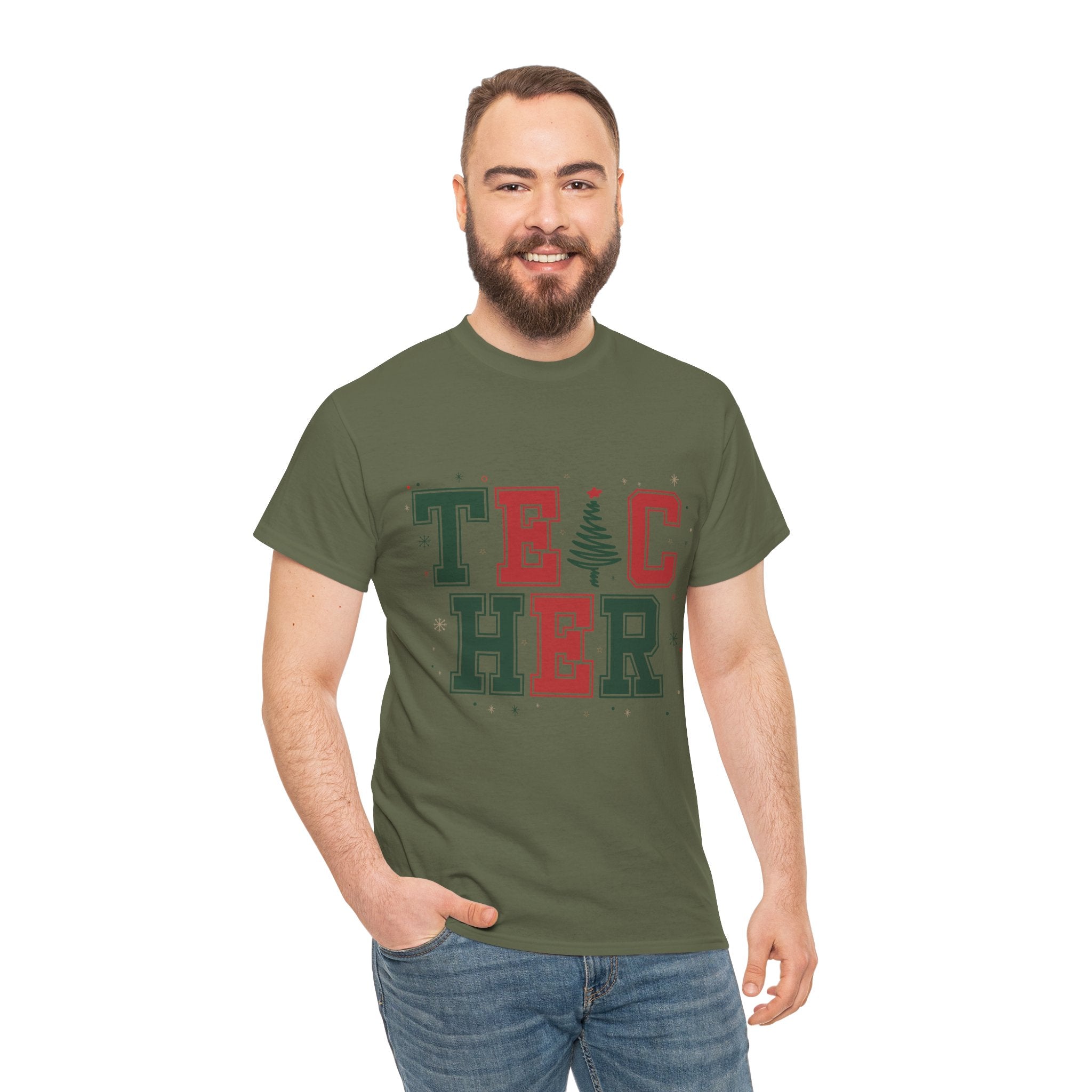 Teacher Christmas Varsity T-Shirt — Red & Green Holiday Unisex Cotton Tee