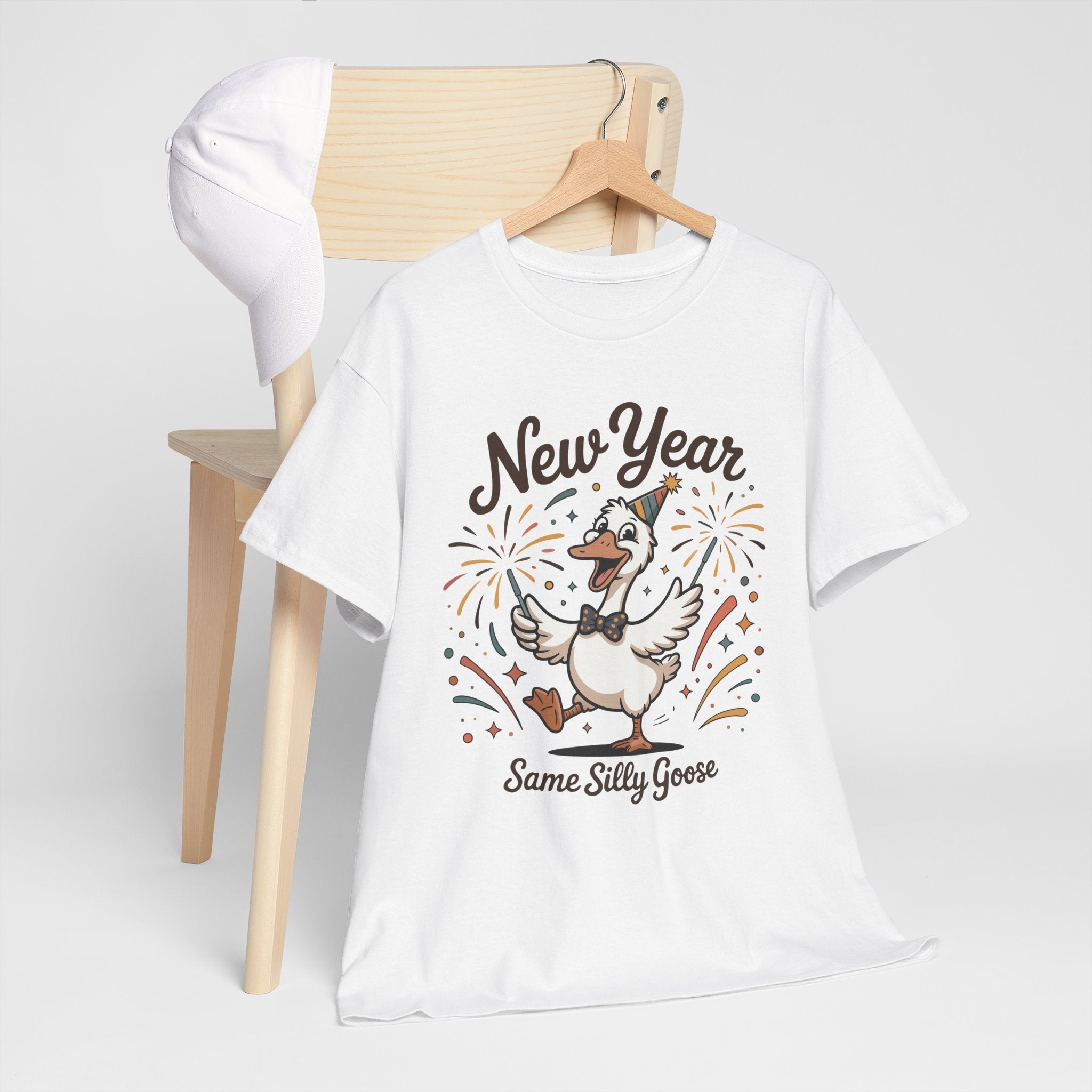 Happy Goose New Year T-Shirt — Party Hat, Fireworks & Confetti Unisex Cotton Tee