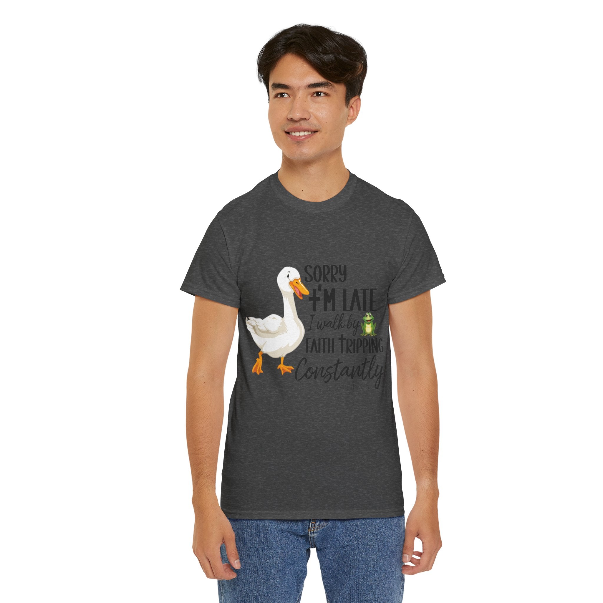 Christian Humor T-Shirt — “Sorry I’m Late, I Walk by Faith Tripping Constantly” (Duck & Frog). Unisex Cotton Tee