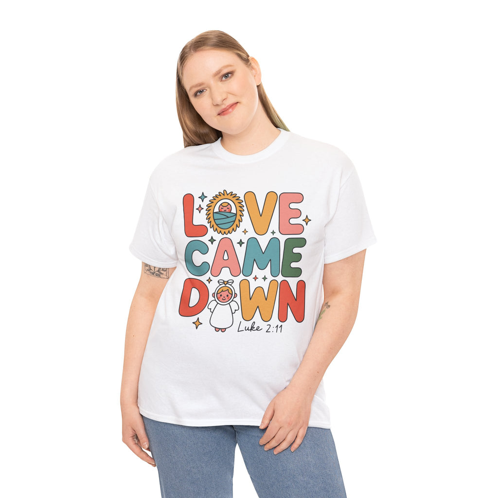 Love Came Down Christmas Tee — Baby Jesus Manger Angel (Luke 2:11)..Unisex Cotton Tee