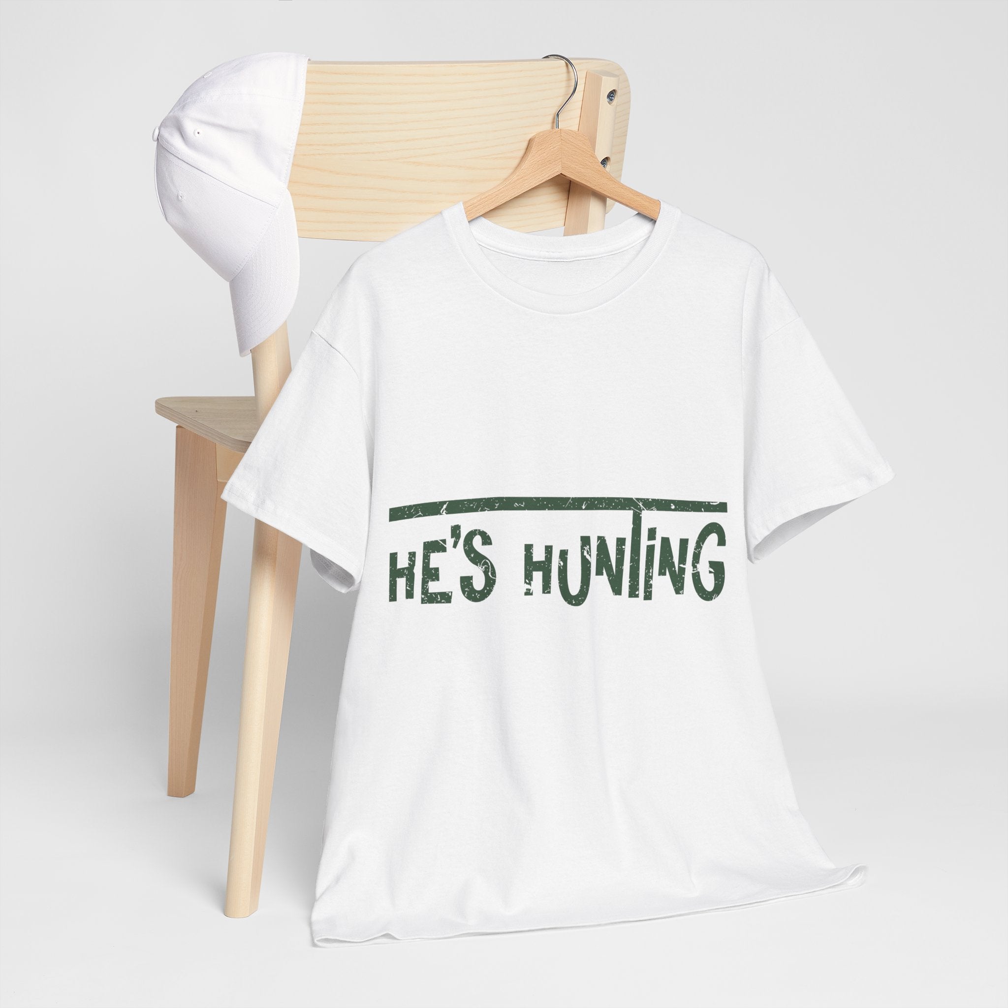 He’s Hunting Distressed Tee — Minimalist Tan Hunting Unisex Cotton Tshirt