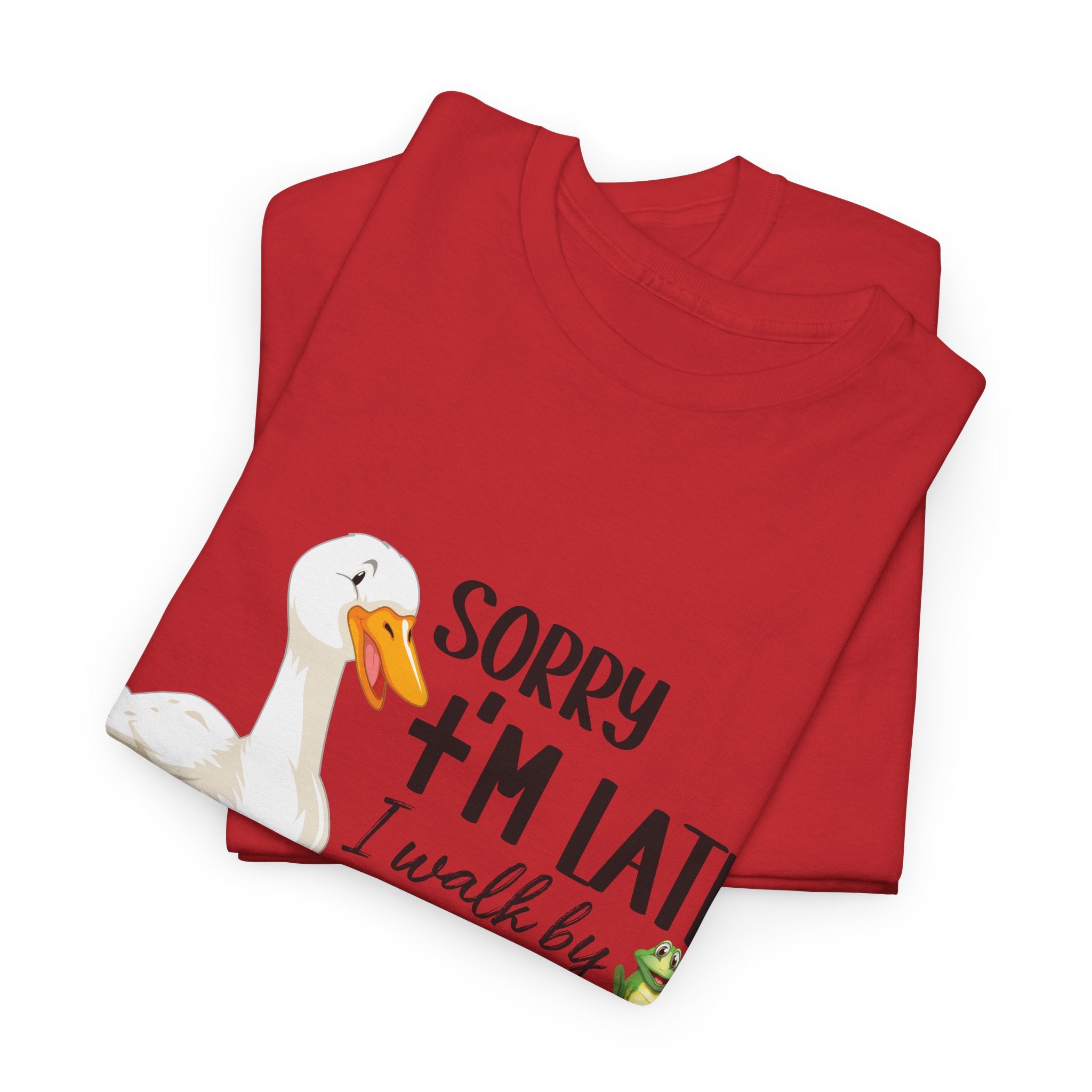 Christian Humor T-Shirt — “Sorry I’m Late, I Walk by Faith Tripping Constantly” (Duck & Frog). Unisex Cotton Tee