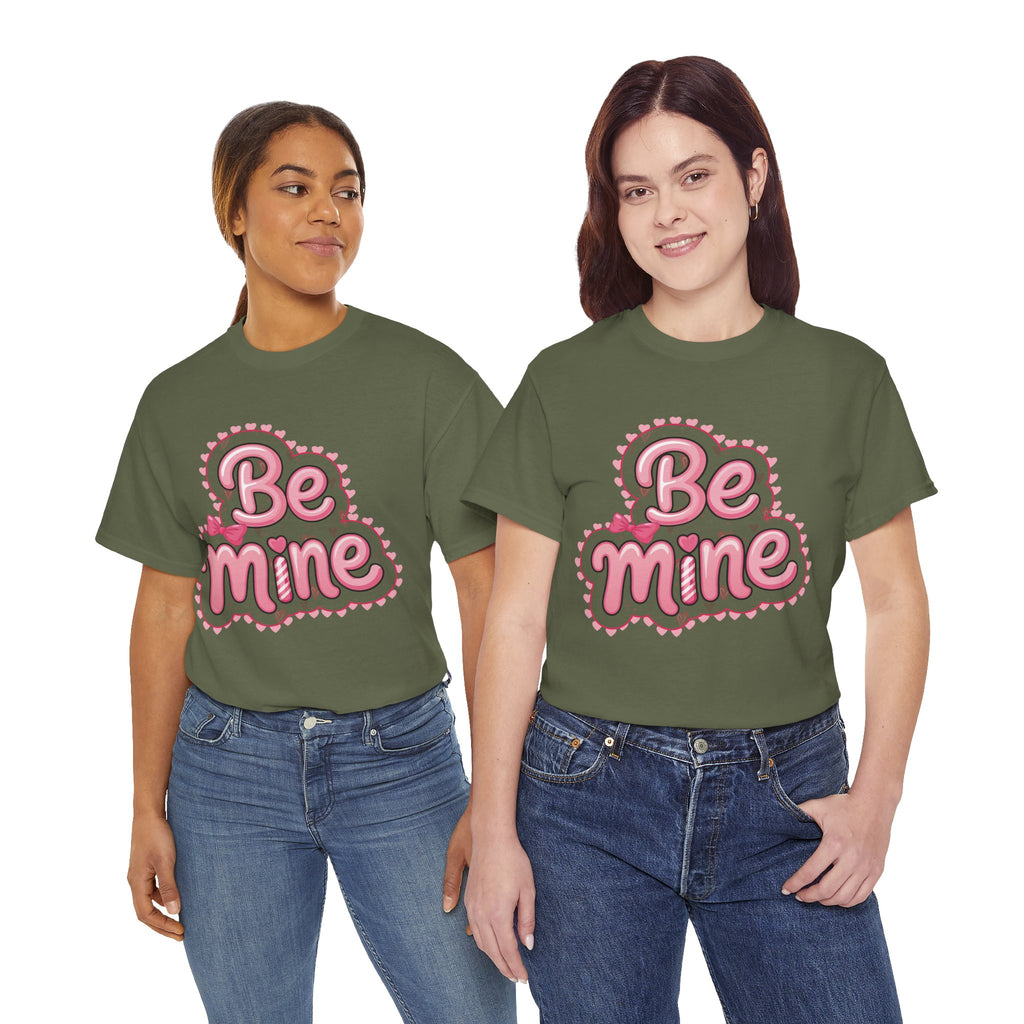 Be Mine Valentine T-Shirt — Pink Bubble Letters with Hearts & Bow..Unisex Cotton Tee