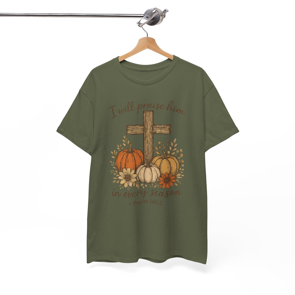 Psalm 146:2 Pumpkin Cross T-Shirt — I Will Praise Him in Every Season. Unisex Cotton Tee