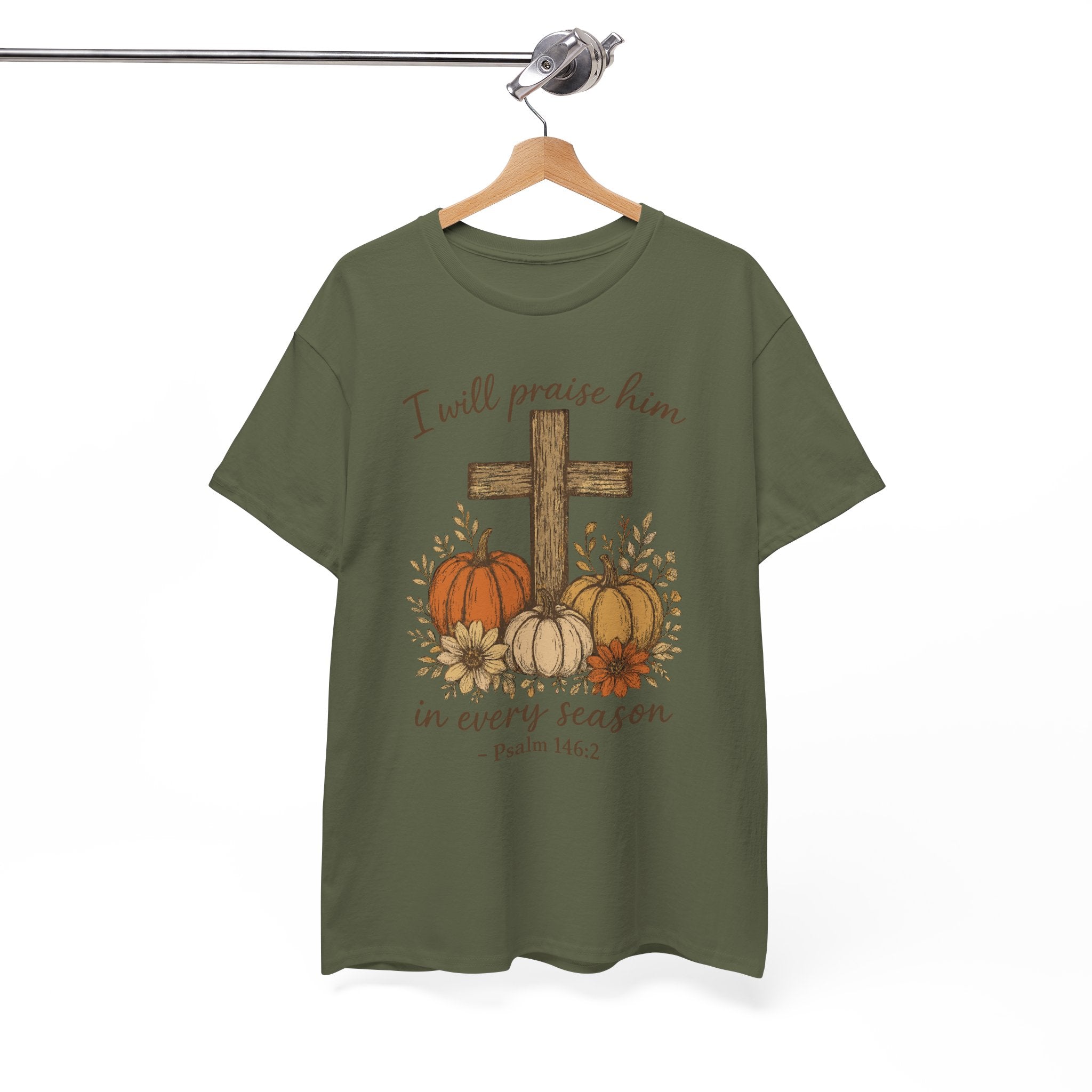 Psalm 146:2 Pumpkin Cross T-Shirt — I Will Praise Him in Every Season. Unisex Cotton Tee