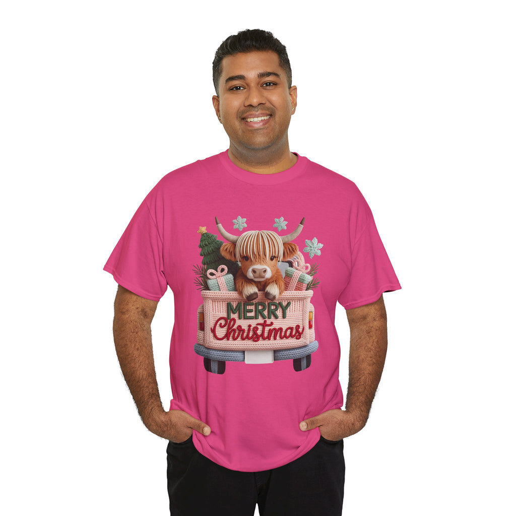 Merry Christmas Highland Cow Knit Truck Unisex Cotton T-Shirt