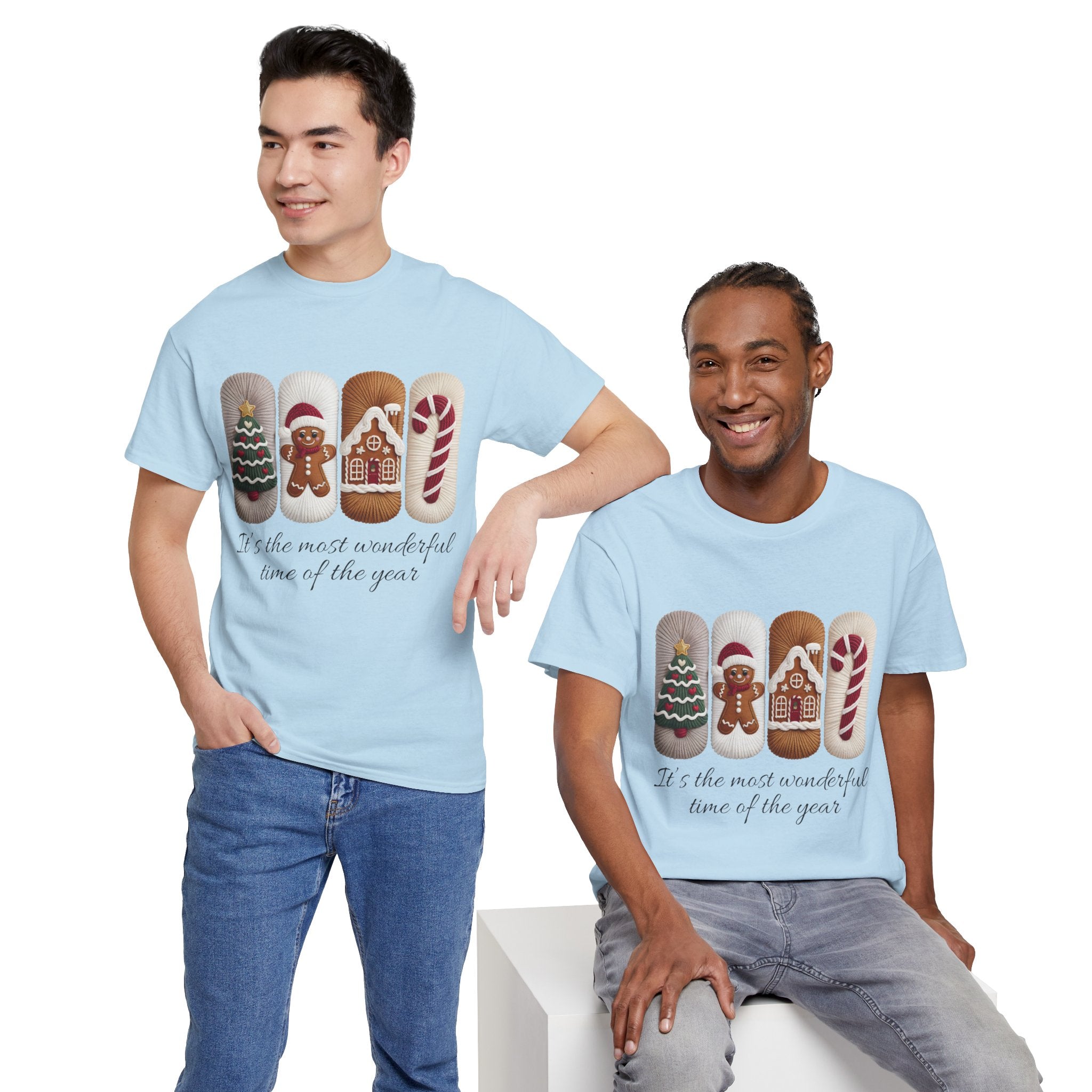 Christmas Faux-Yarn Tree Tee — Gingerbread House & Candy Cane Holiday Unisex Cotton T-Shirt