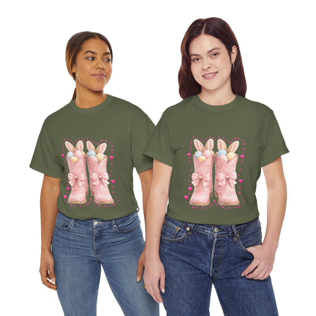 Easter Pink Western Boots Tee — Pastel Bunny Eggs & Bows Unisex Cotton Tee