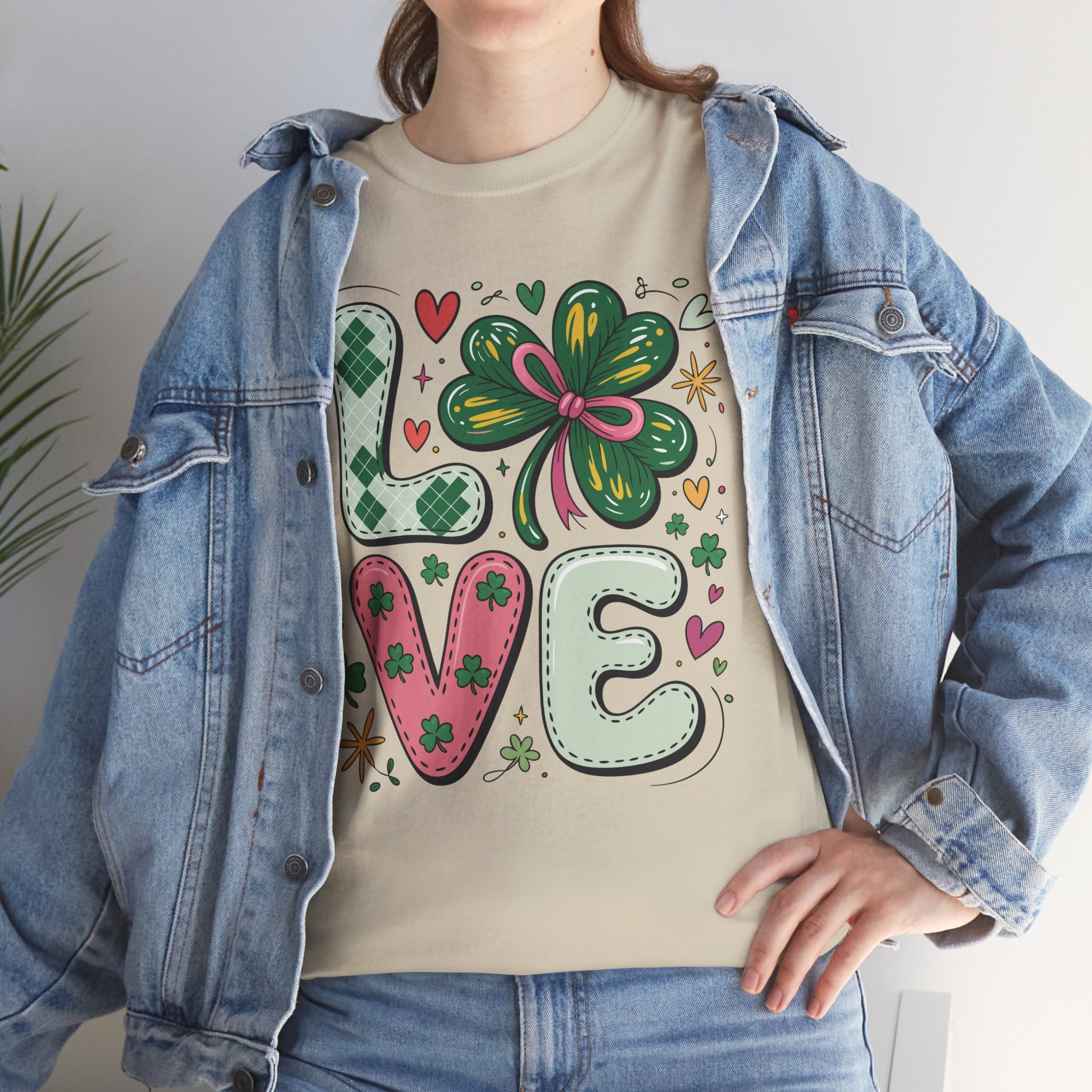 Stitched Clover 'LOVE' Tee — Heart & Patchwork St. Patrick's Unisex Cotton T-Shirt
