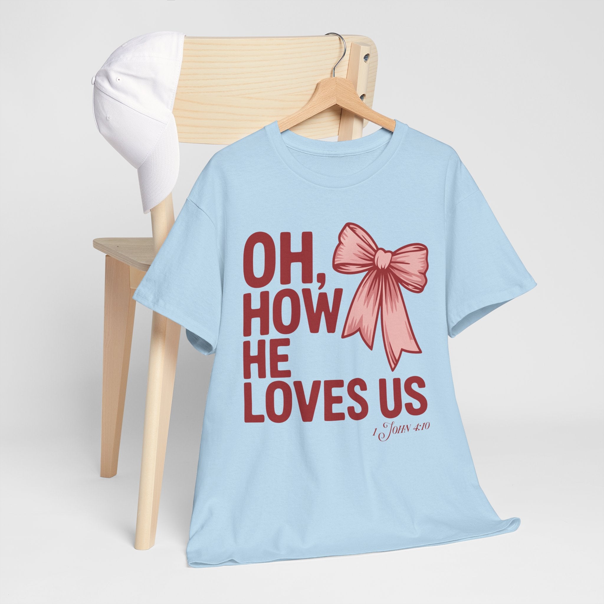 Oh, How He Loves Us Christian Valentine Tee — 1 John 4:10 Red & Pink Unisex Cotton Tee