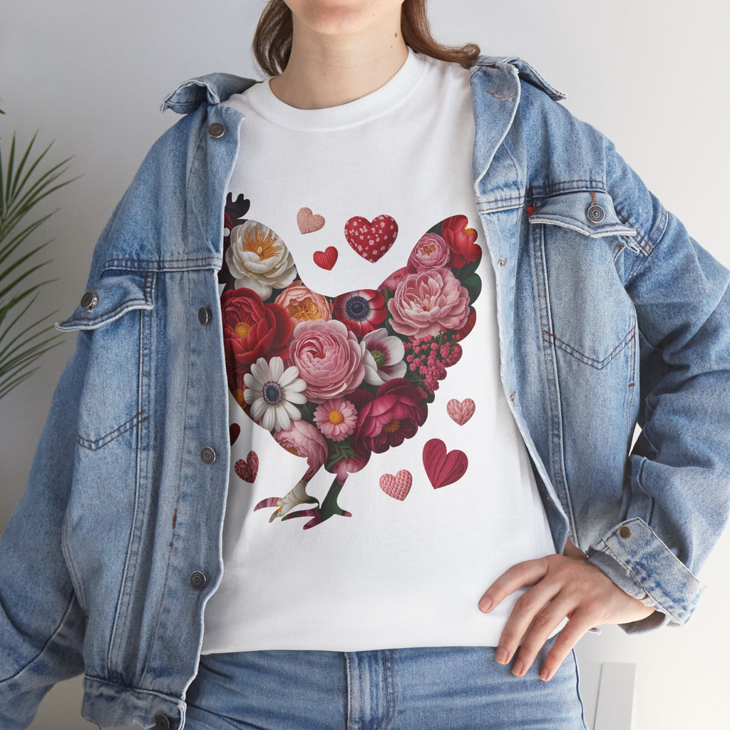 Floral Chicken Heart Tee — Red & Pink Flower Silhouette Unisex Cotton Tee