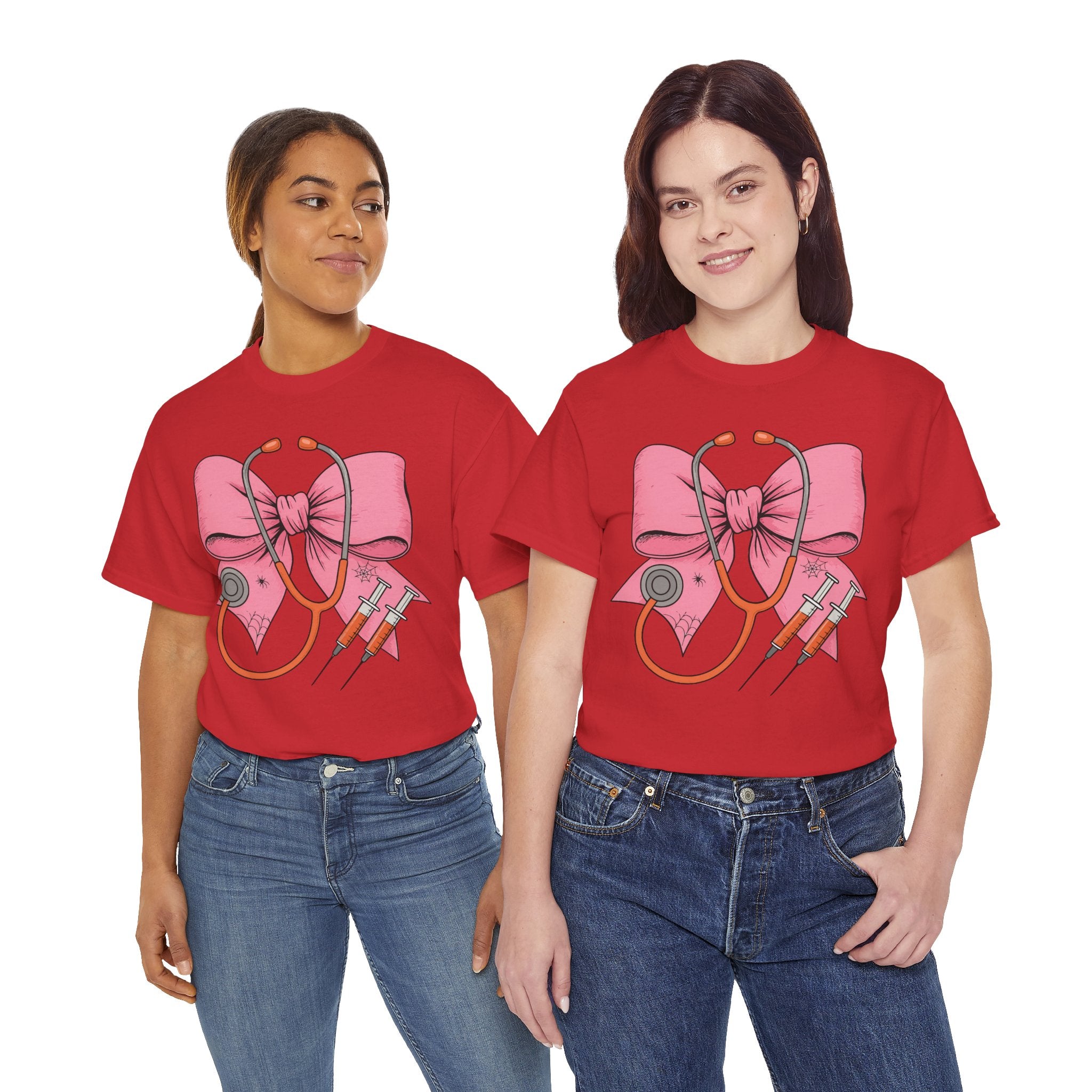Halloween Nurse T‑Shirt — Pink Nurse Bow with Stethoscope, Syringes & Spider Webs..Unisex Cotton Tee