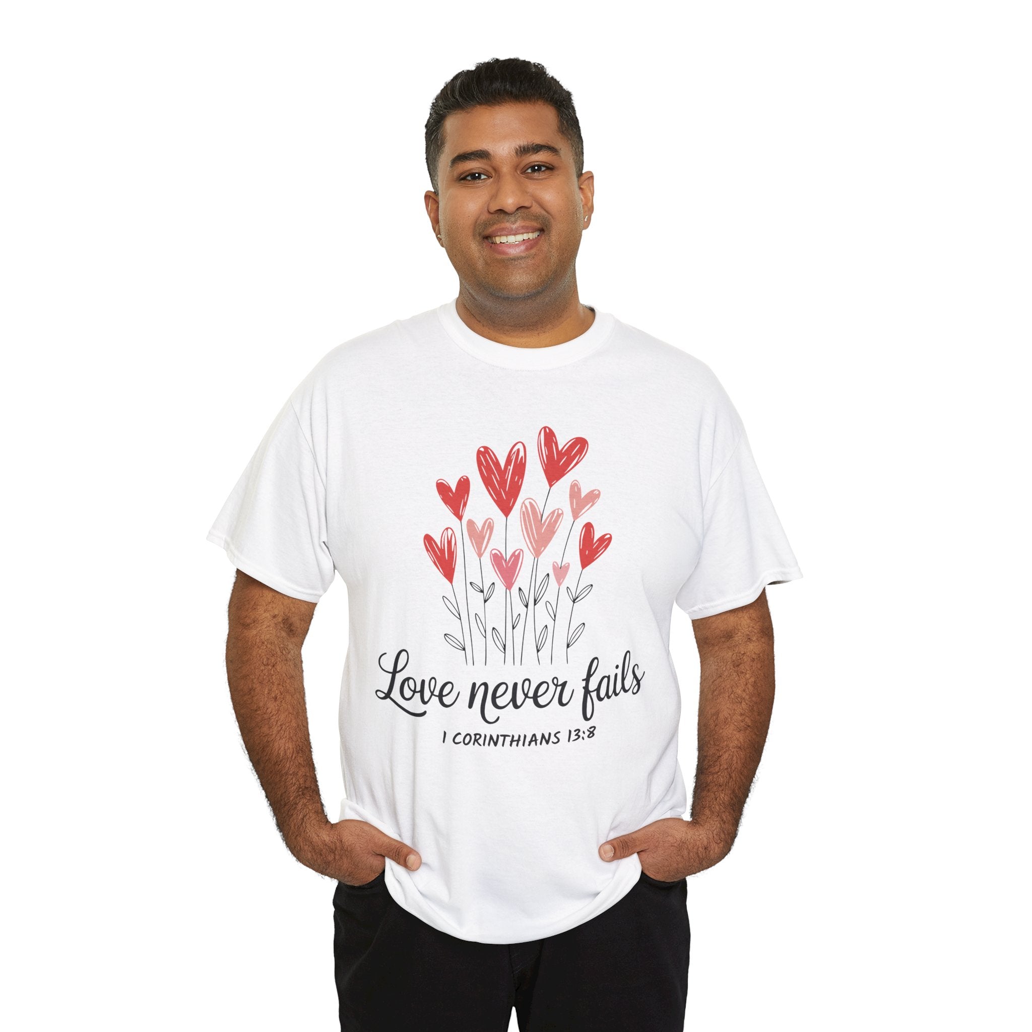 Christian Valentine T-Shirt — "Love Never Fails" (1 Corinthians 13:8) Unisex Cotton Tee