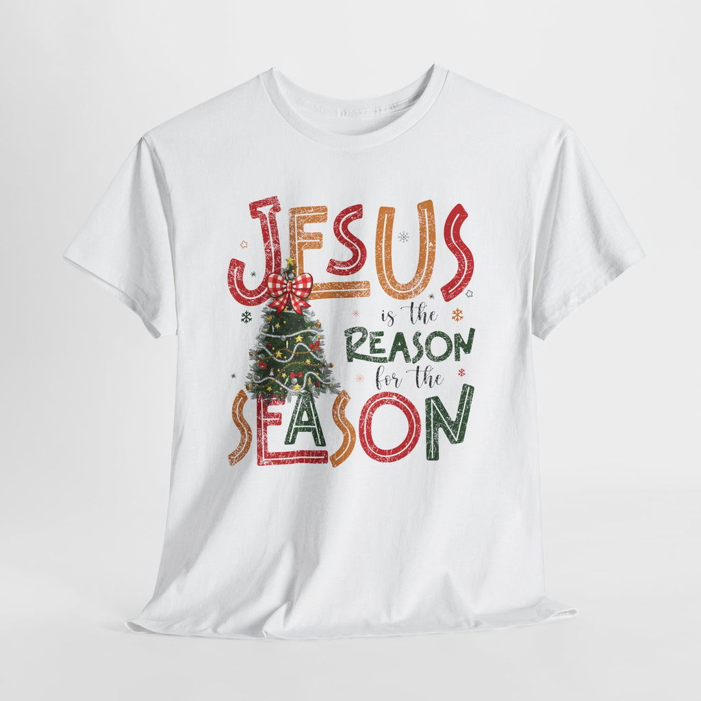Jesus Is the Reason for the Season Christmas T-Shirt — Plaid Bow Tree..Unisex Cotton Tee