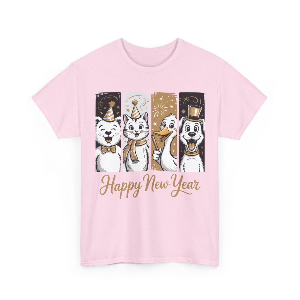 Happy New Year Party Animals T-Shirt — Cute Smiling Animals in Party Hats & Gold Fireworks..Unisex Cotton Tee