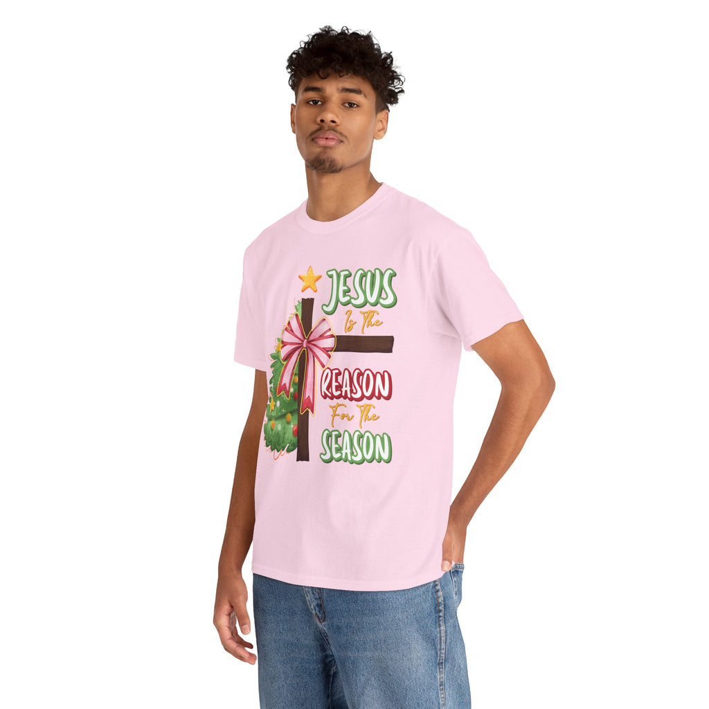 Jesus Is the Reason for the Season Christmas Tee — Cross with Pink Bow & Tree. Unisex Cotton Tee