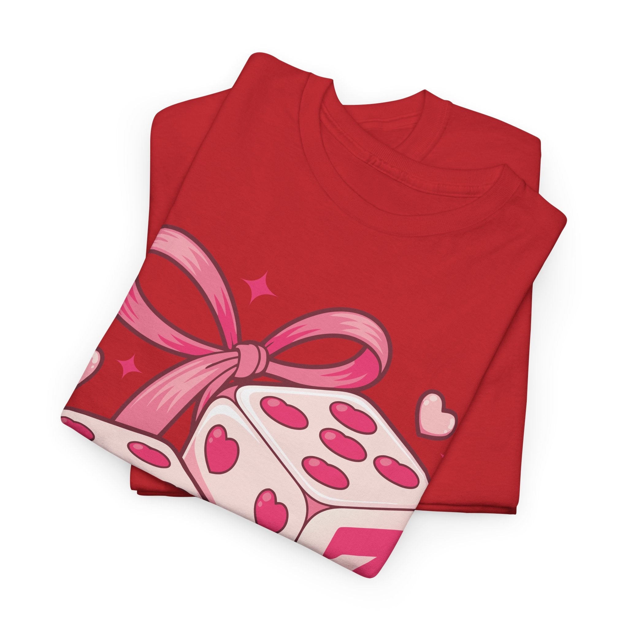 Lucky Love Dice T-Shirt — Pink Heart Dice with Bow..Unisex Cotton Tee