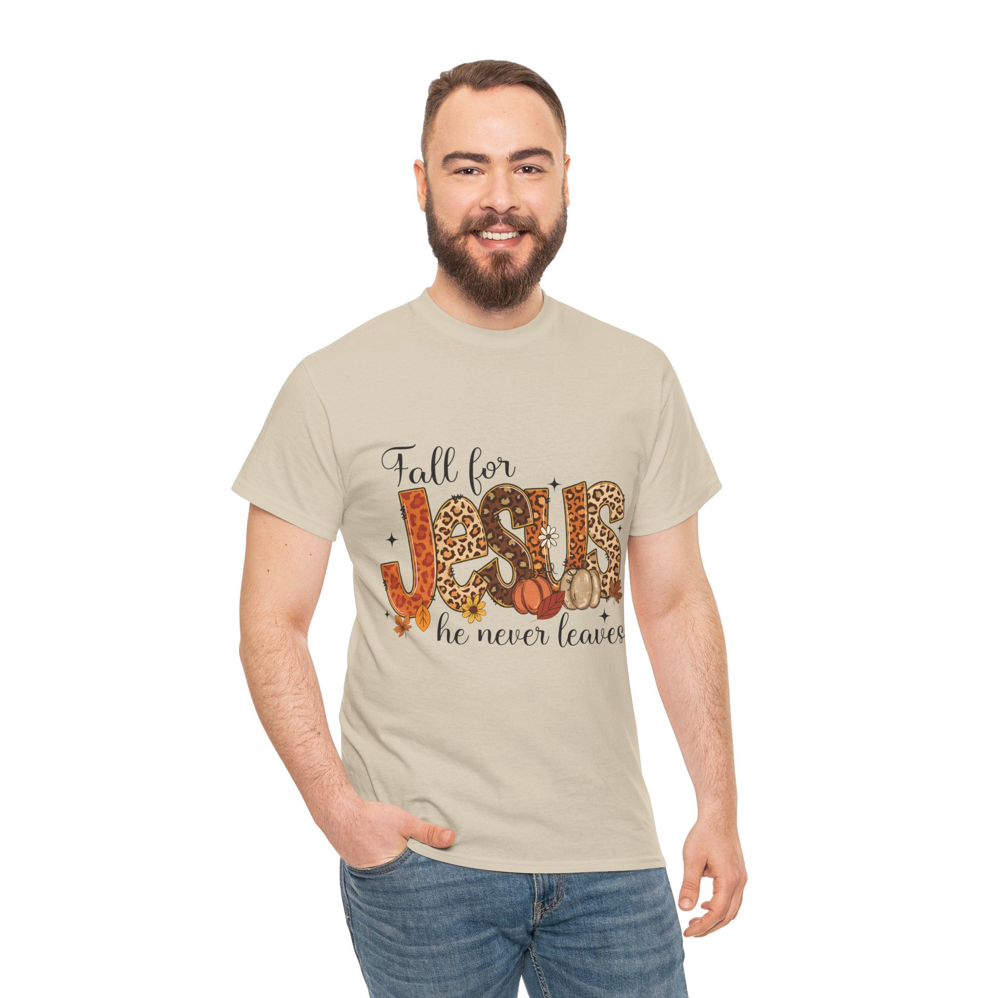 JESUS Leopard Print Fall T-Shirt — Pumpkins, Leaves & Floral Christian Unisex Cotton Tee