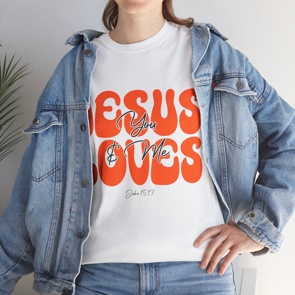 Jesus Loves You & Me Retro Tee — Playful Orange Bubbly Christian Unisex Cotton T-Shirt