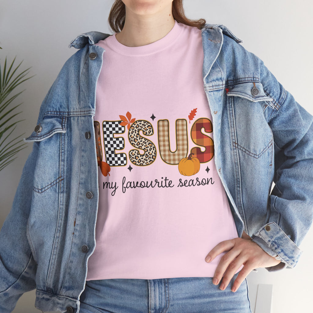 Jesus Is My Favorite Season Tee — Autumn Plaid & Leopard Lettering Unisex Cotton Tee