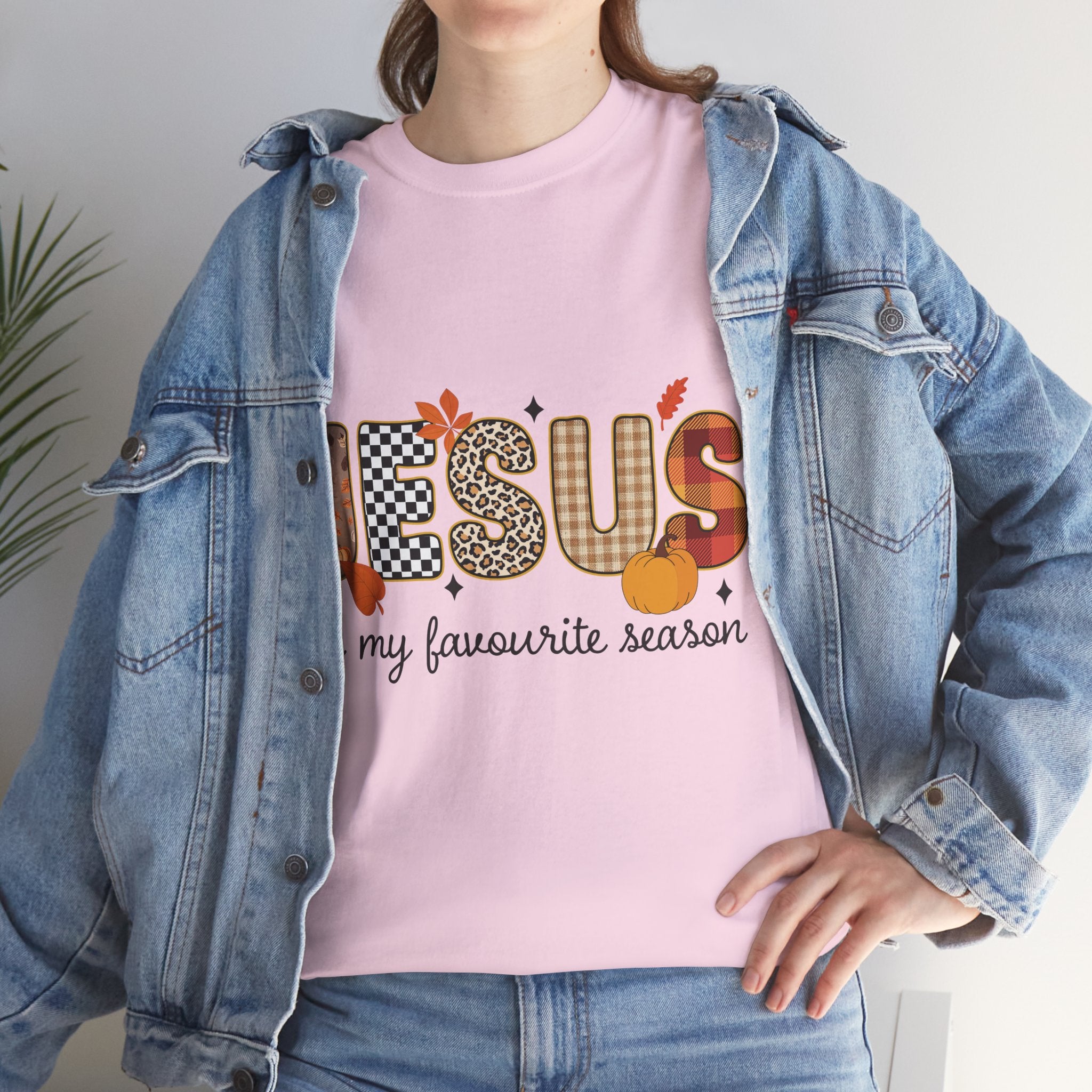Jesus Is My Favorite Season Tee — Autumn Plaid & Leopard Lettering Unisex Cotton Tee