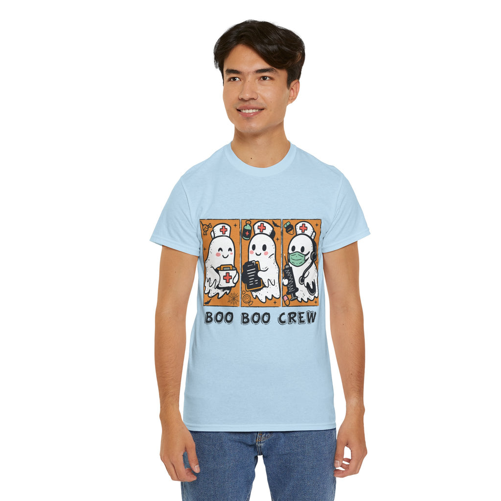 Halloween Nurse T-Shirt — Ghost Nurses Holding Medical Tools on Orange Unisec Cotton Tee