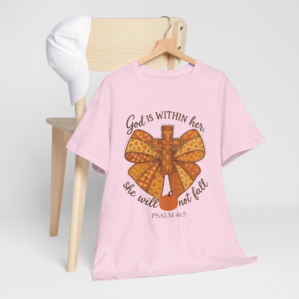 Psalm 46:5 Cross Patchwork Tee — Fall Bow Christian Unisex Cotton T-Shirt
