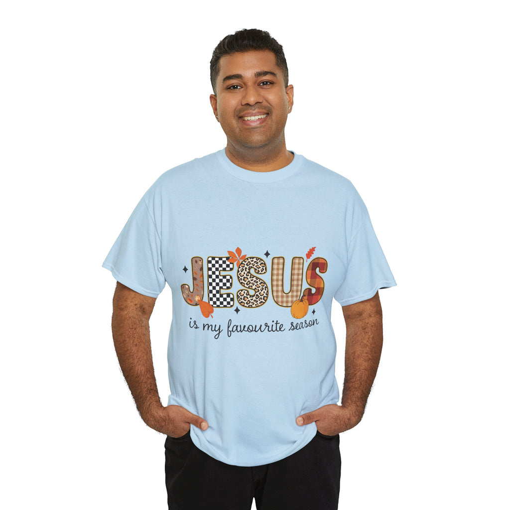 Jesus Is My Favorite Season Tee — Autumn Plaid & Leopard Lettering Unisex Cotton Tee