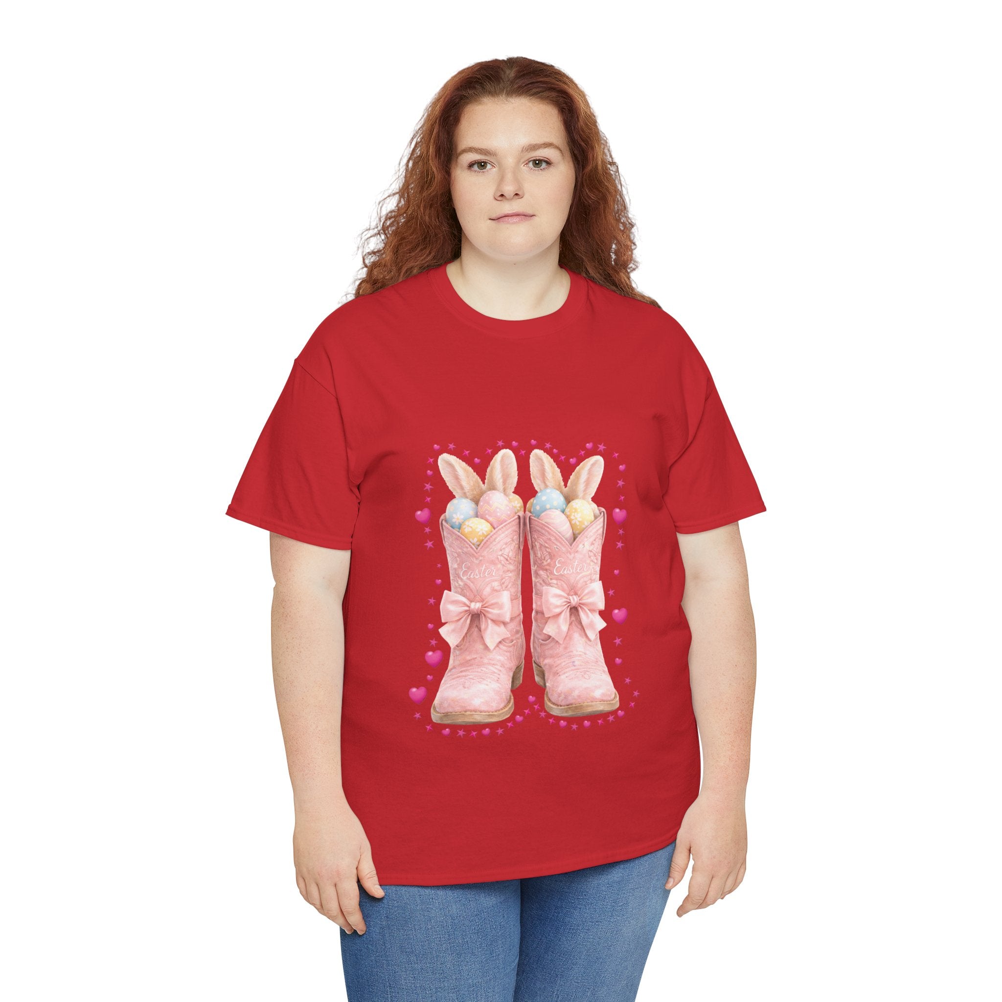 Easter Pink Western Boots Tee — Pastel Bunny Eggs & Bows Unisex Cotton Tee