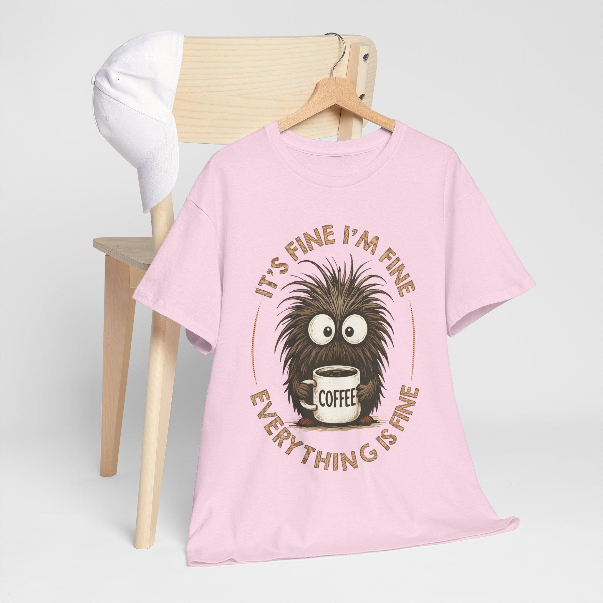 Funny Coffee Tee — “It’s fine I’m fine everything is fine” Fuzzy Creature Mug Unisex Cotton Tee
