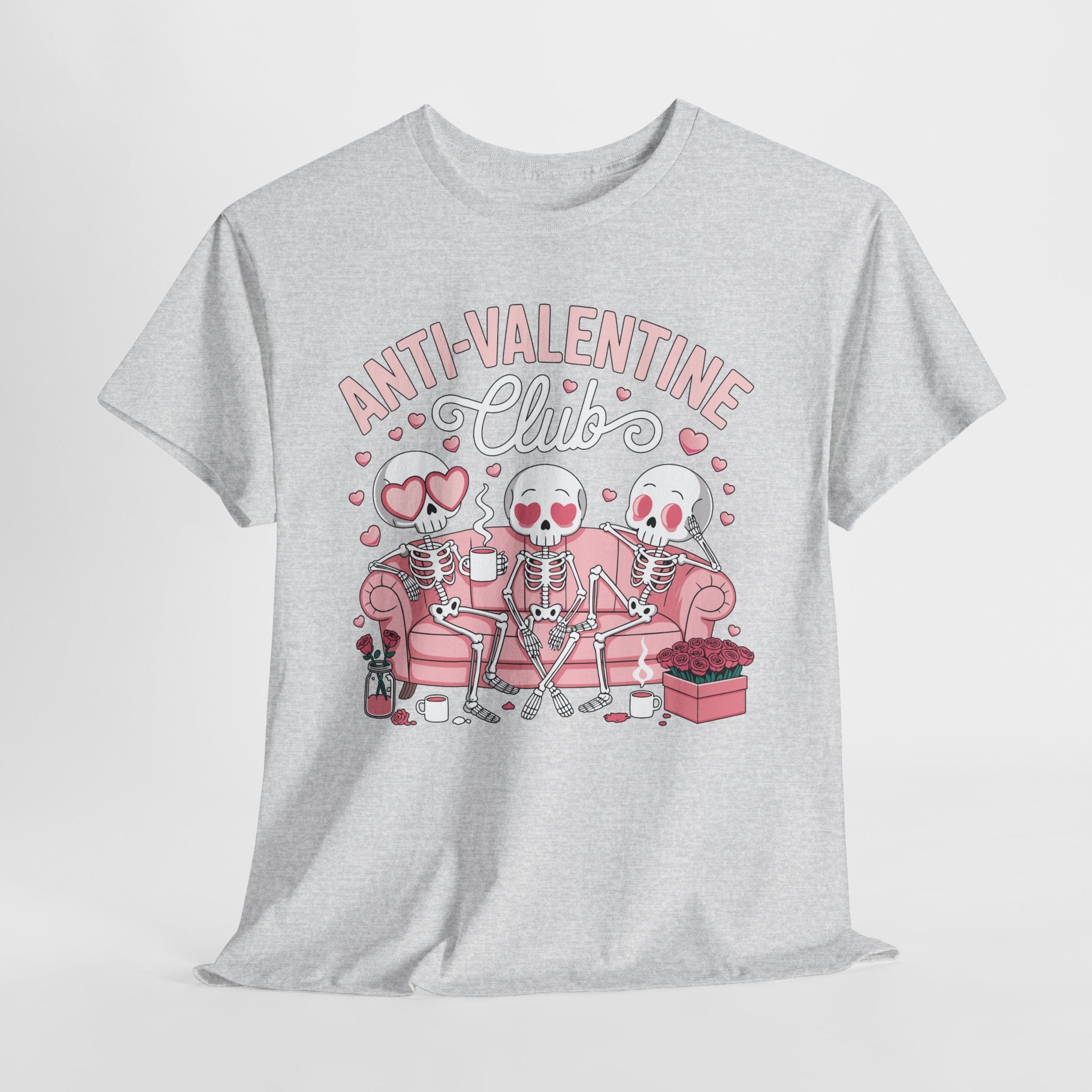 Anti-Valentine Club Skeleton Tee — Anti-Romance Pink Couch Graphic Unisex Cotton T-Shirt
