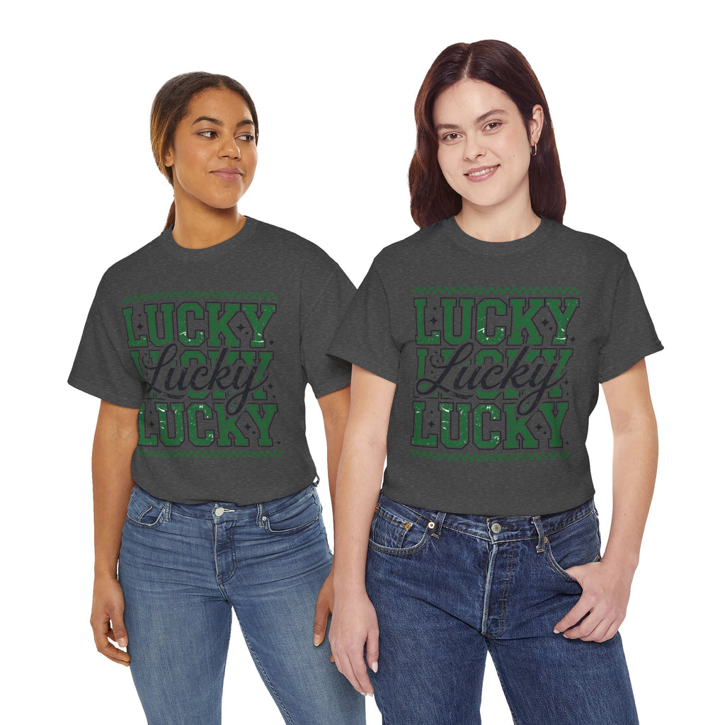 Lucky Varsity Tee — Layered Green ‘Lucky’ Graphic Unisex Cotton Tee