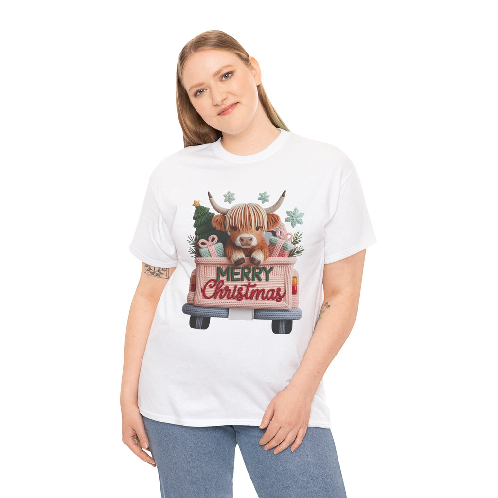 Merry Christmas Highland Cow Knit Truck Unisex Cotton T-Shirt