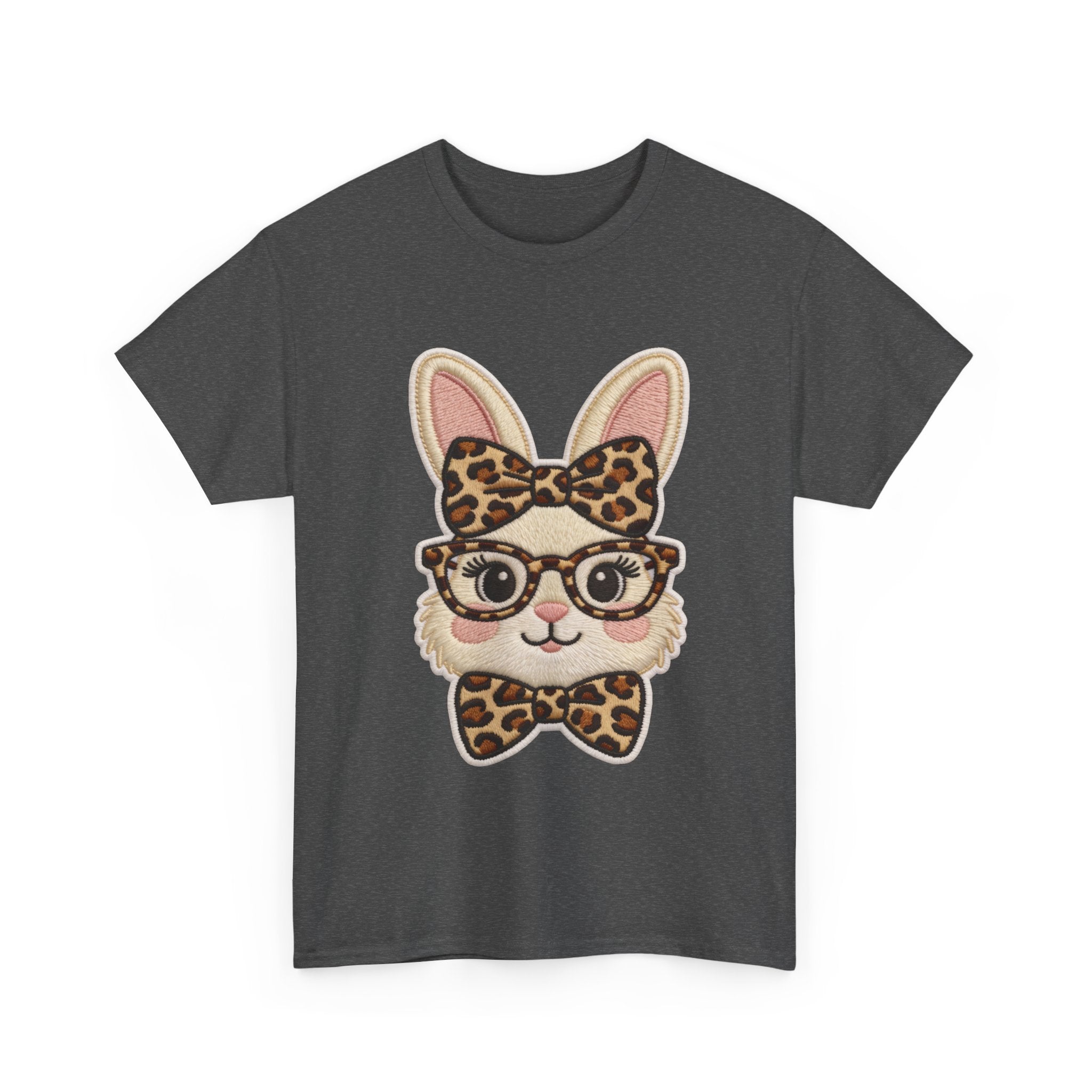 Leopard Bow Bunny Embroidered Tee — Cute Bunny Face with Glasses Patch Unisex Cotton Tee