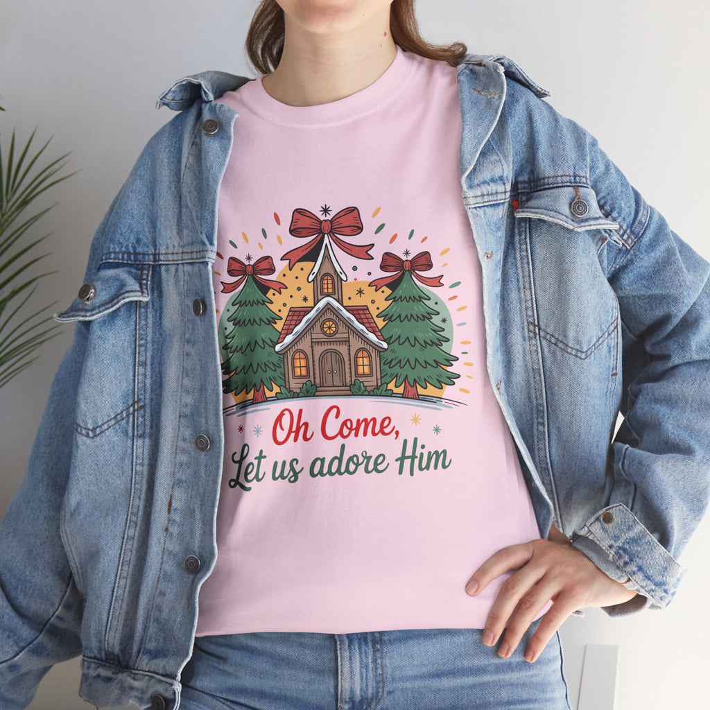 Oh Come Let Us Adore Him Christmas Tee — Church & Trees Holiday Unisex Cotton Tshirt