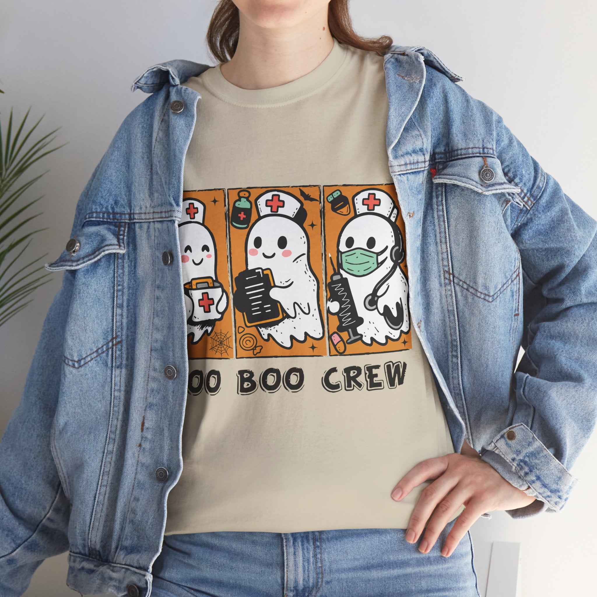 Halloween Nurse T-Shirt — Ghost Nurses Holding Medical Tools on Orange Unisec Cotton Tee