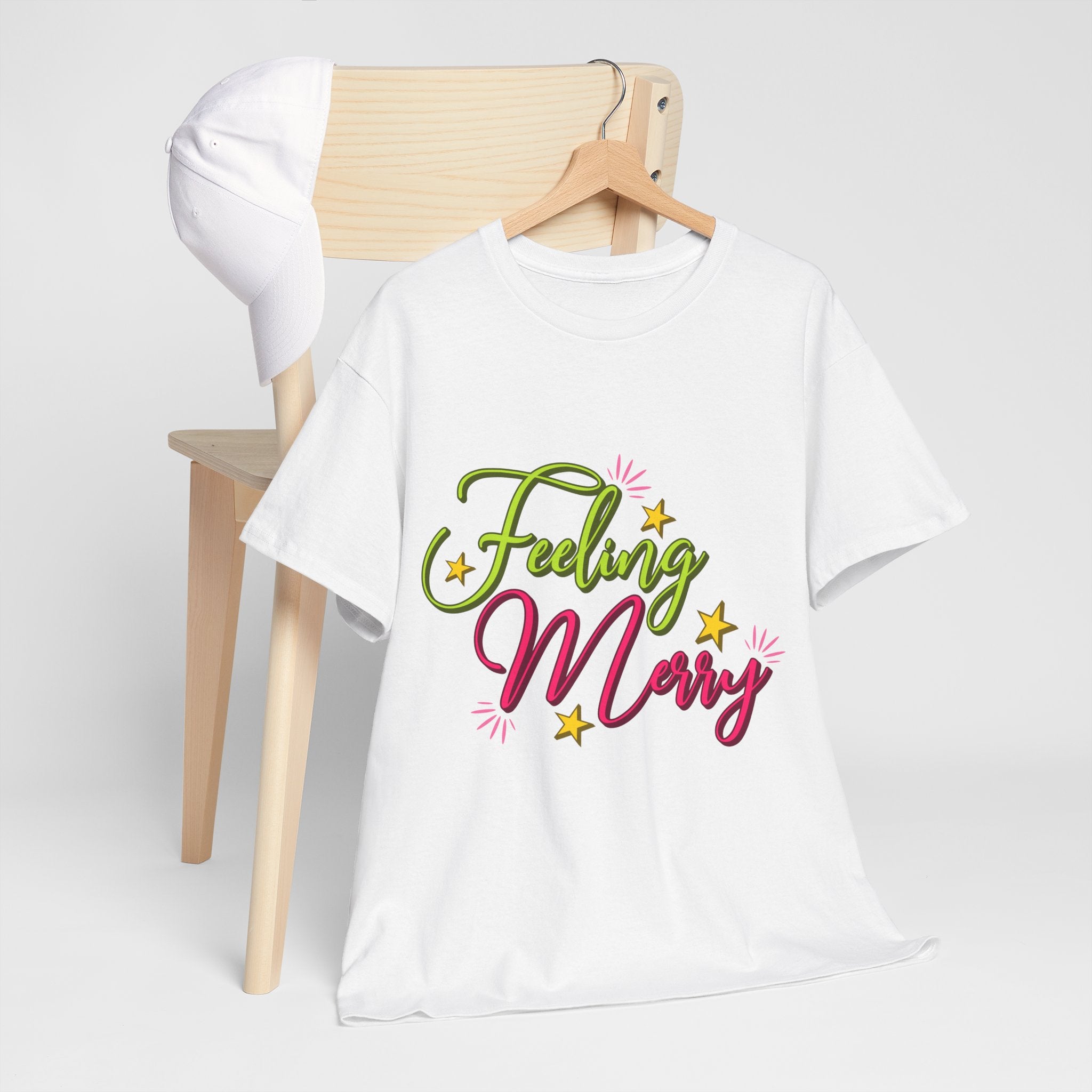 Feeling Merry T-Shirt — Bright Green & Pink Holiday Tee with Stars.Unisex Cotton Tee
