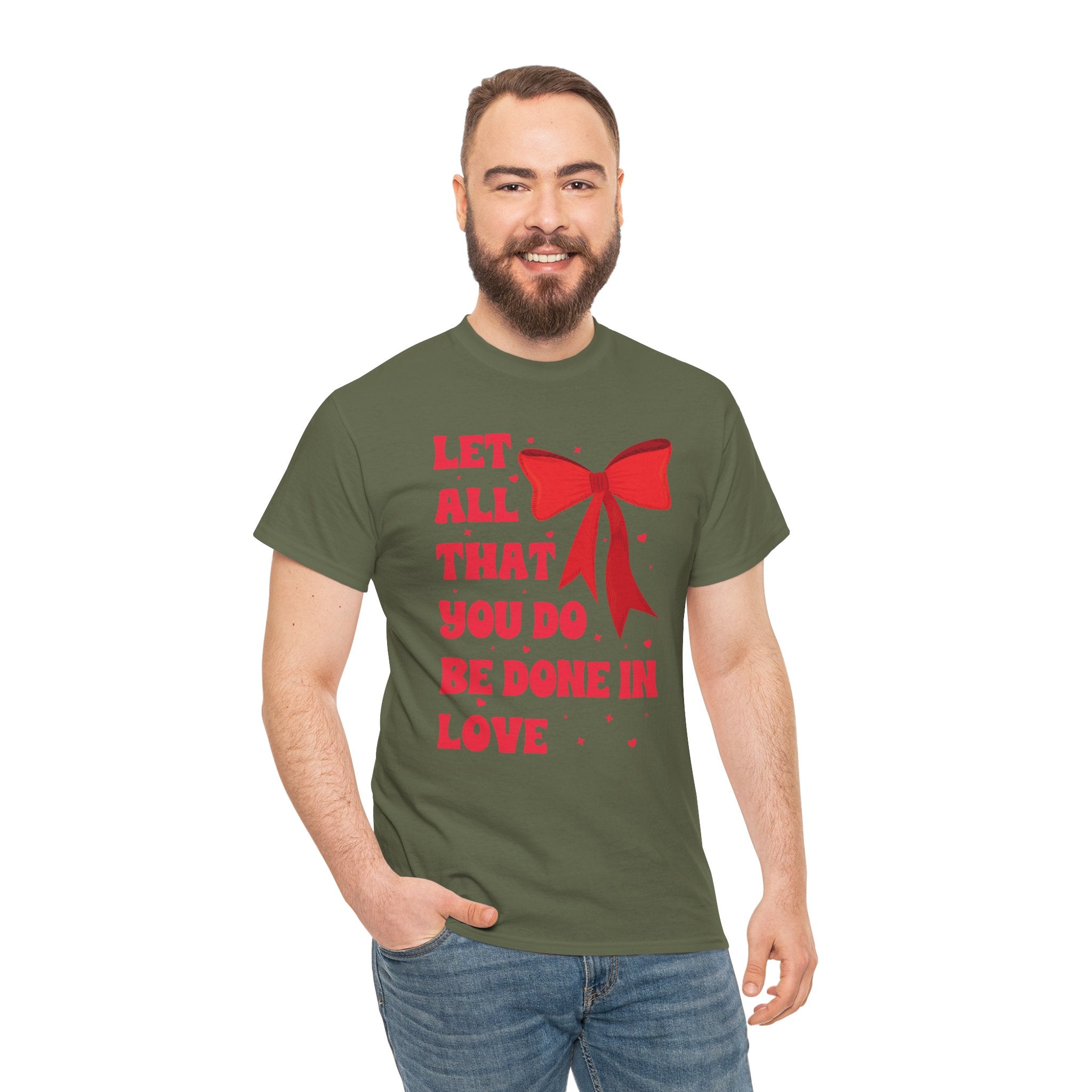 Valentine Tee — "Let All That You Do Be Done in Love" Heart Bow Unisex Cotton Shirt