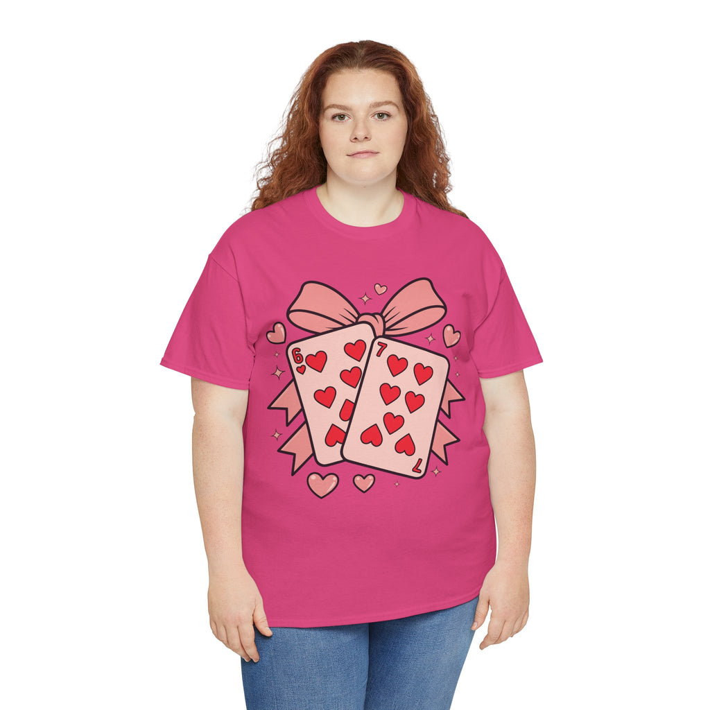 6 & 7 of Hearts T-Shirt — Paired Playing Cards with Pink Bow Unisex Cotton Tee