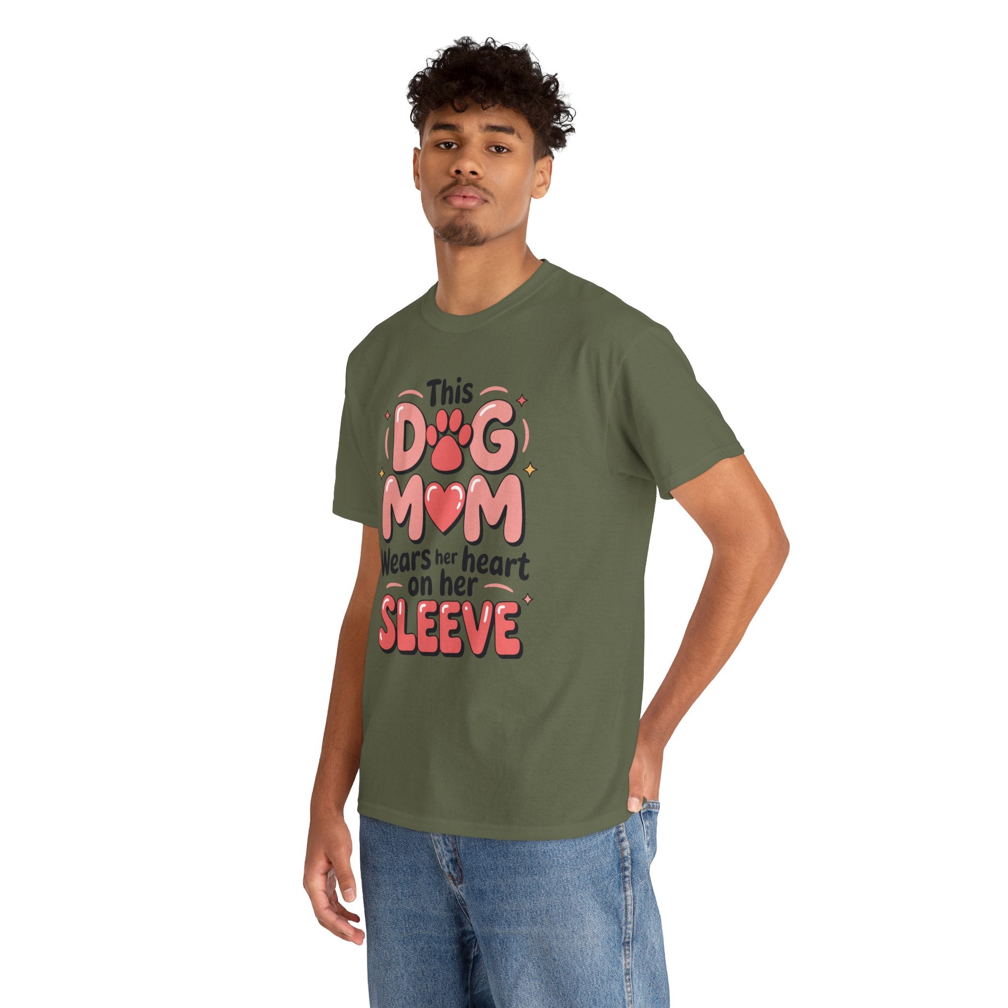 Dog Mom T-Shirt — "This Dog Mom Wears Her Heart on Her Sleeve" Paw & Heart Unisex Cotton Tee