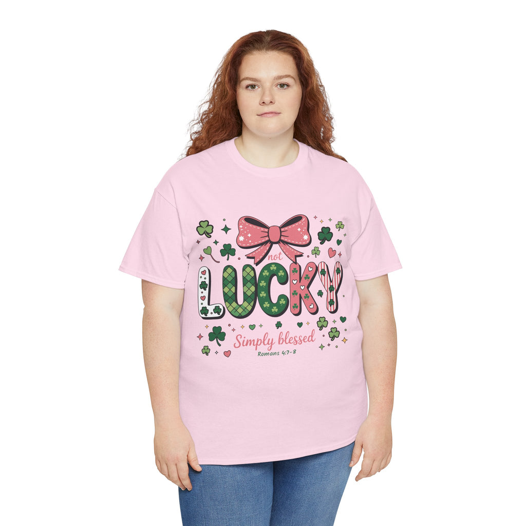 Simply Blessed Tee — “Not Lucky, Simply Blessed” with Pastel Bow, Clovers & Romans 4:7-8 Unisex Cotton Tee