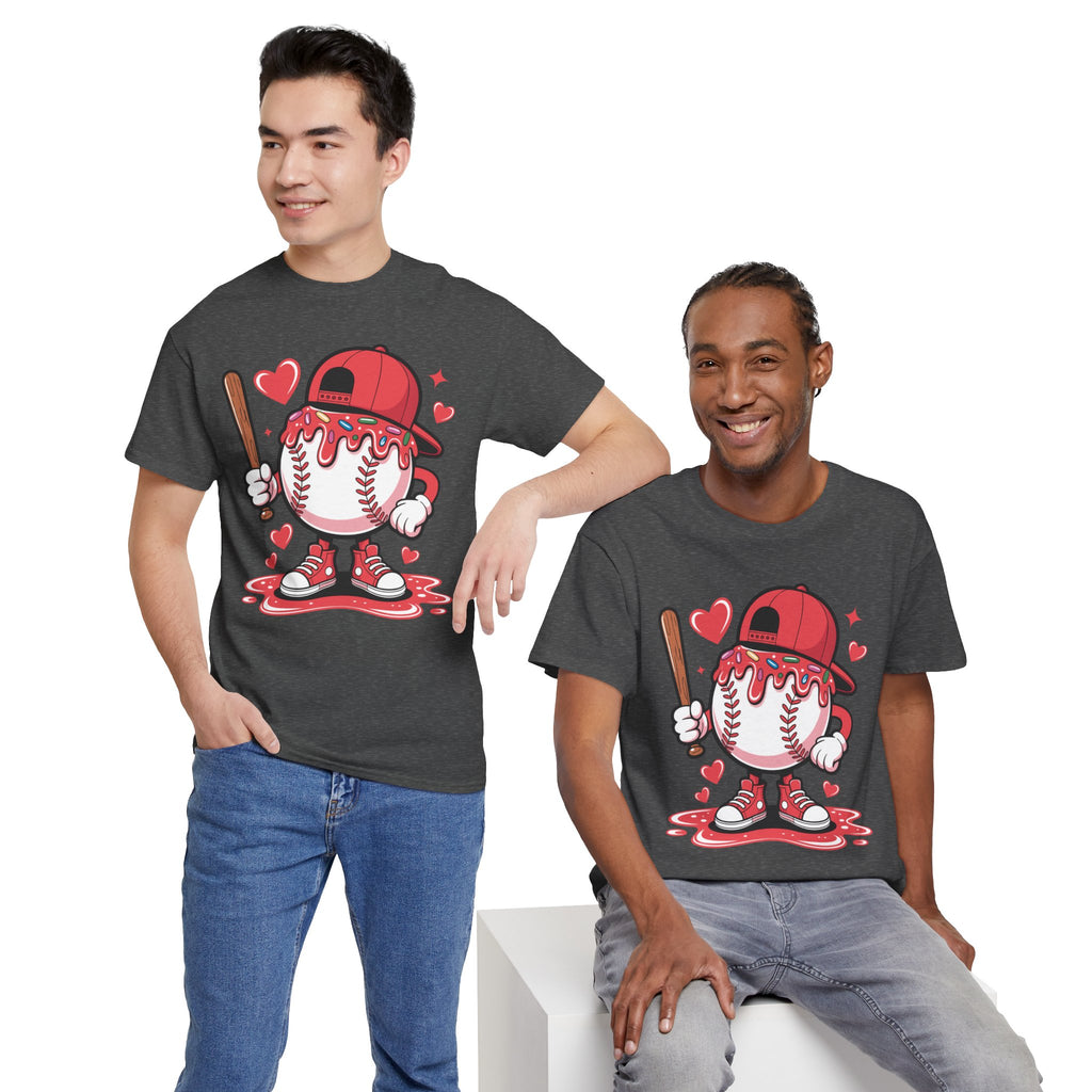 Cute Baseball Character T-Shirt — Red Cap & Icing Top Graphic with Hearts Unisex Cotton Tee