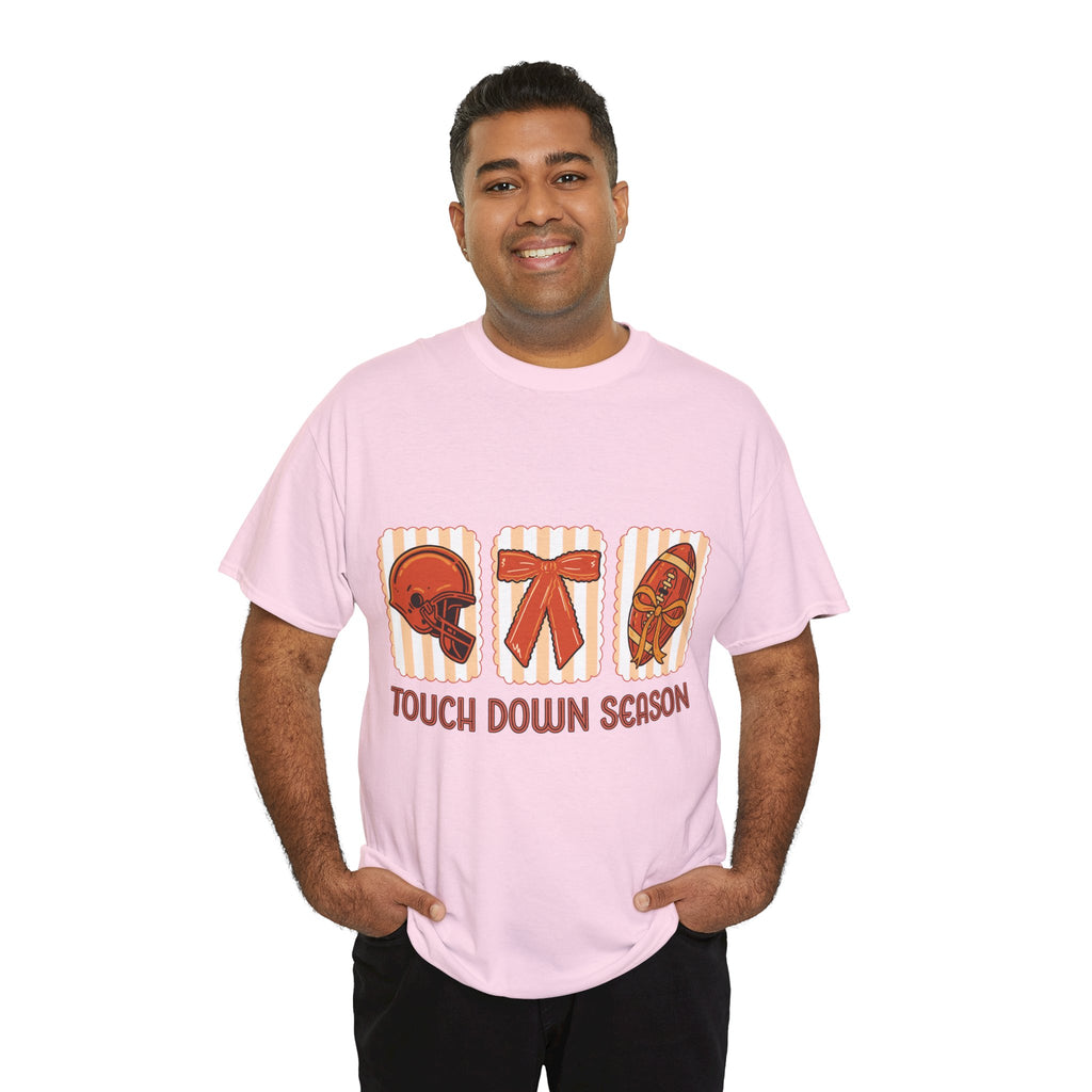 Touch Down Season Football Tee — Striped Fall Helmet & Bow Design Unisex Cotton Tee
